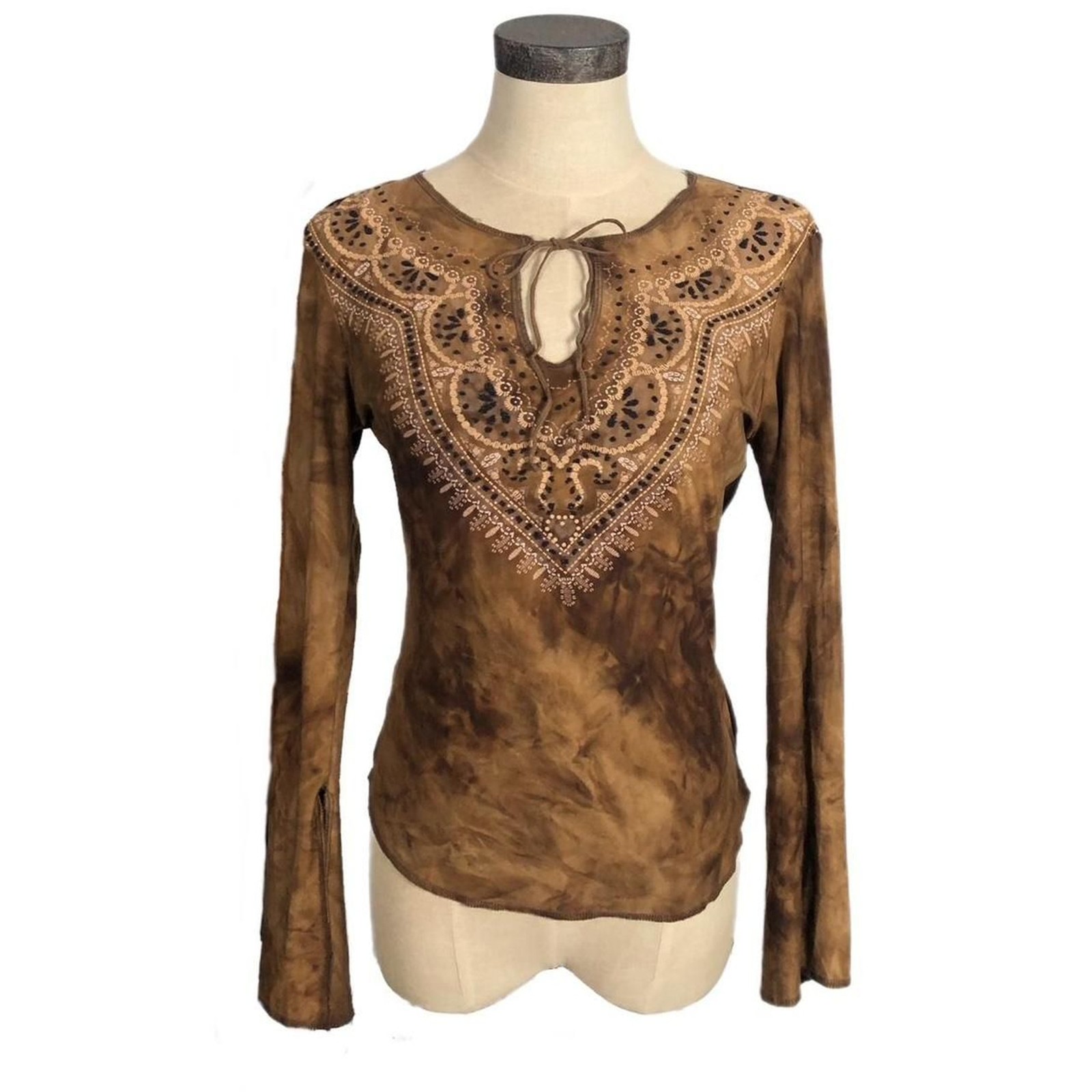 Mixit Brown Tie-Dye Long Sleeve V-Neck Top – Tie Front