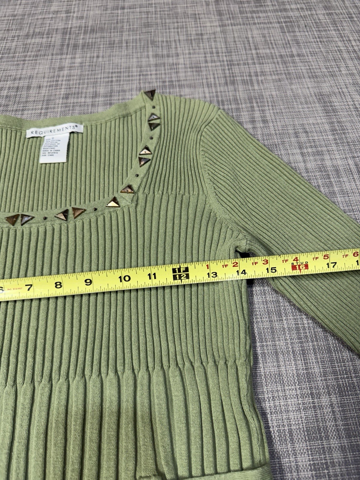 Requirements Women’s Green Ribbed Knit Top Stud-embellished Sz S Y2K Grunge Boho