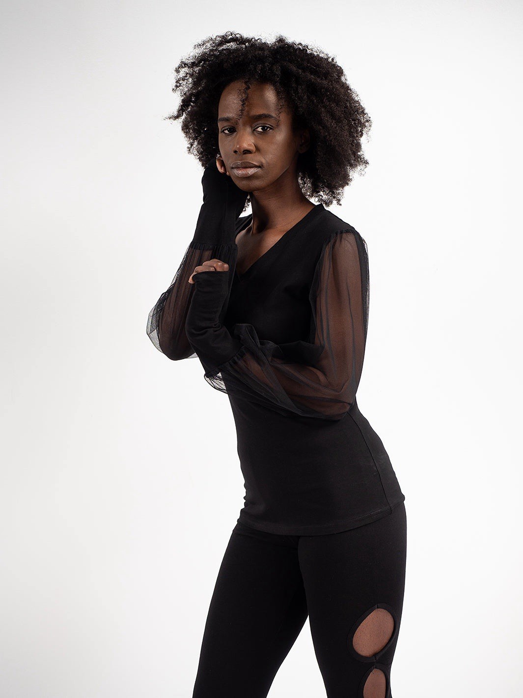 METAMORPHOZA NWT $125 Handmade In Bulgaria V-Neck Sheer Arm Black Shirt Size M