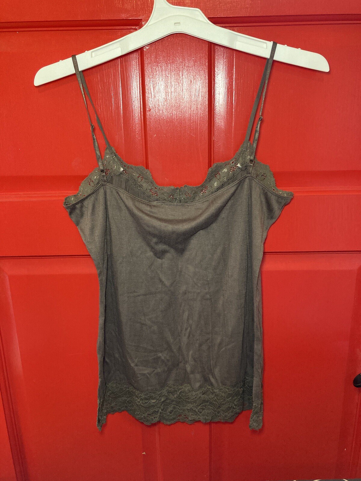 Women’s Weavers Camisole Tank Adjustable Straps Brown Lace Trim Size Medium