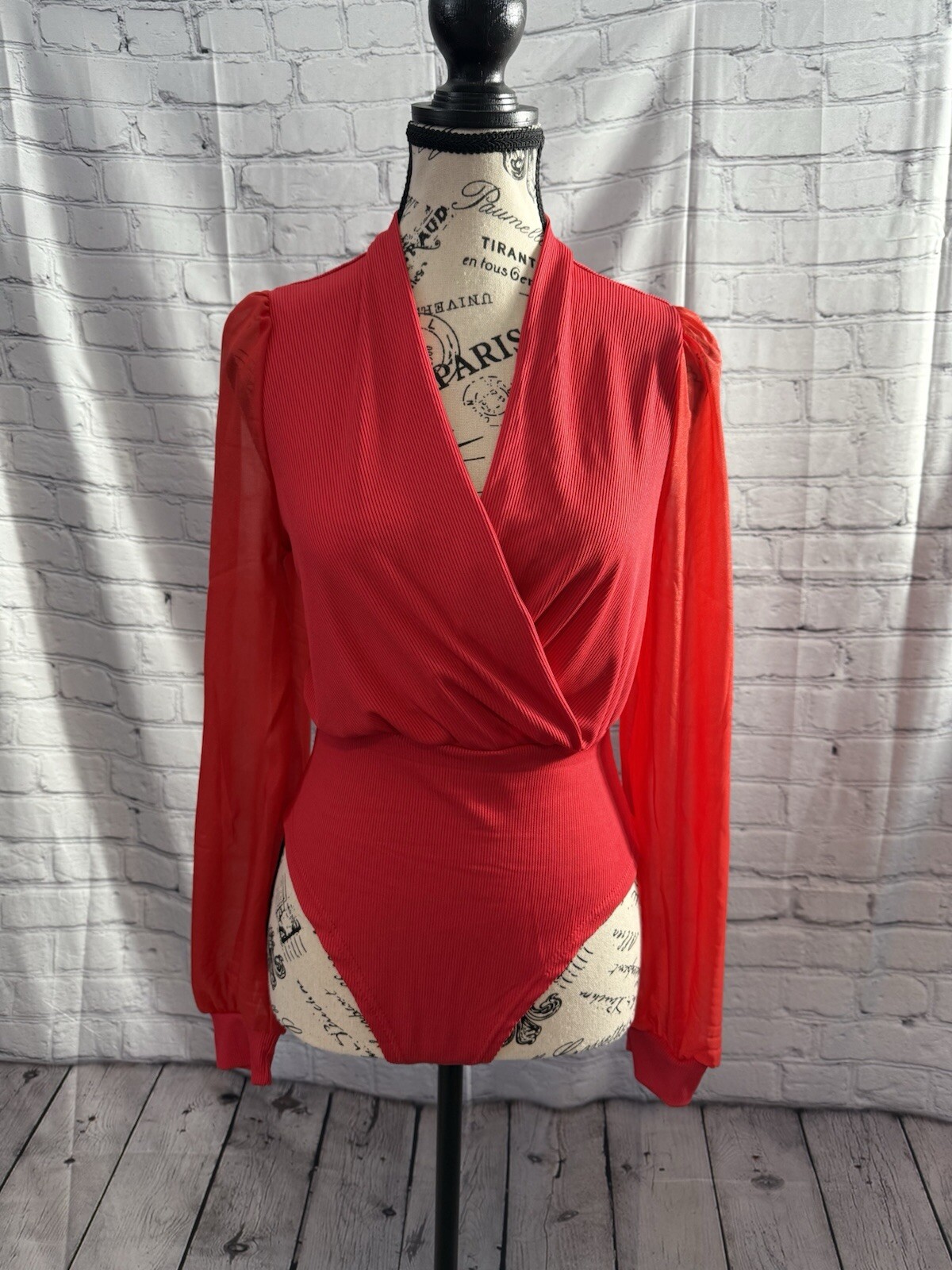 SHEIN Raffinéa Surplice Neck Sheer Lantern Sleeve Bodysuit Red New SZ M (6)
