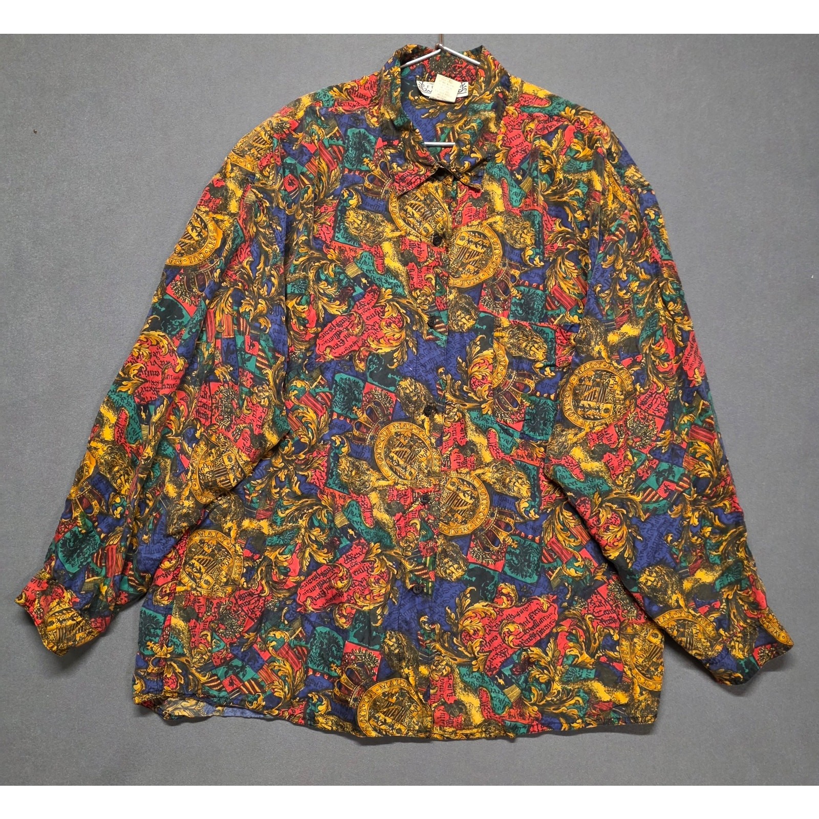 Vtg 80s Ferrare Silk Shirt Blouse Baroque Royal Crest Lion Versace Style 24W 3X