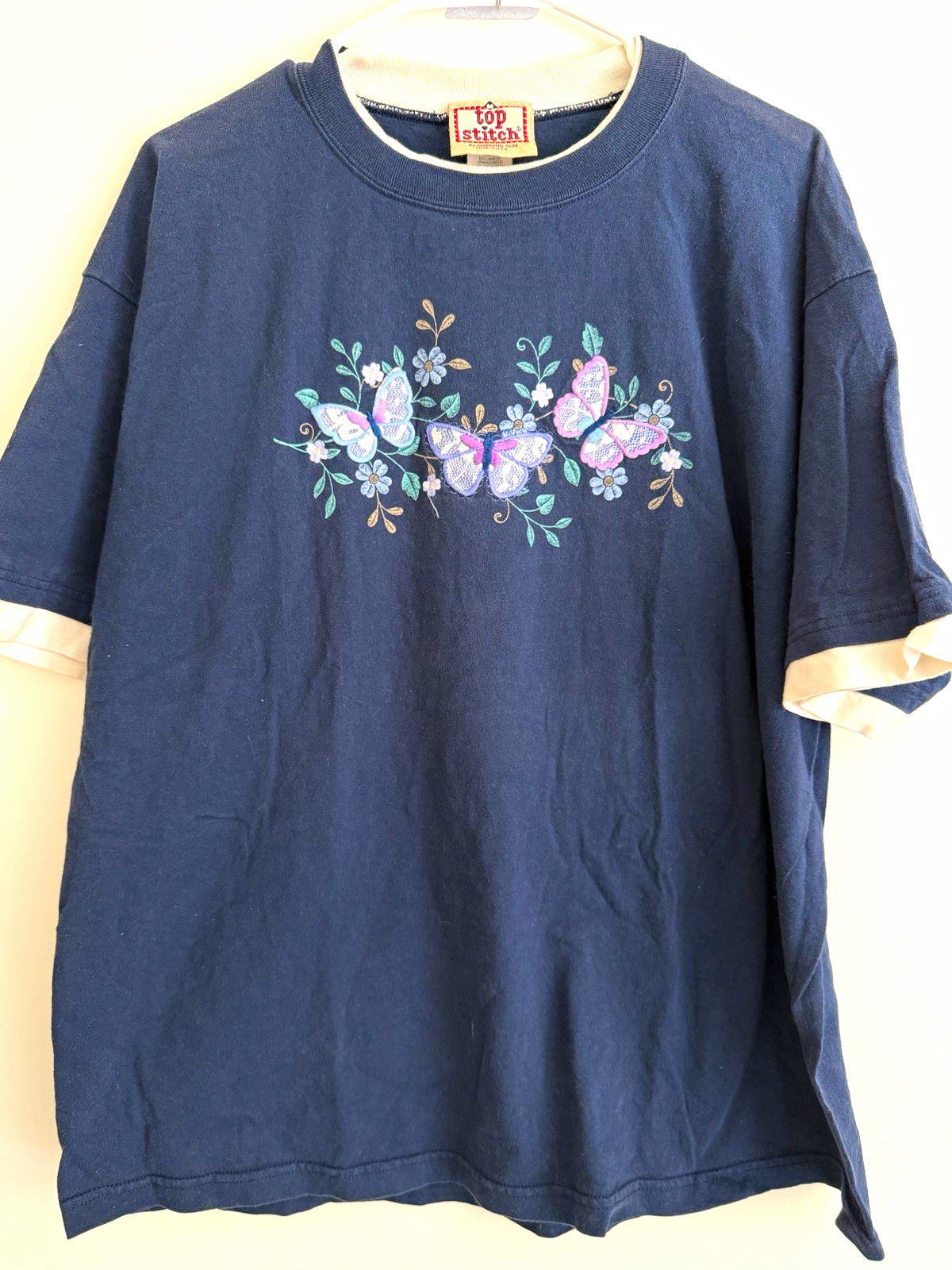 Top Stitch Women’s Blue Ringer Crew Short Sleeve Butterfly XL Embroidered