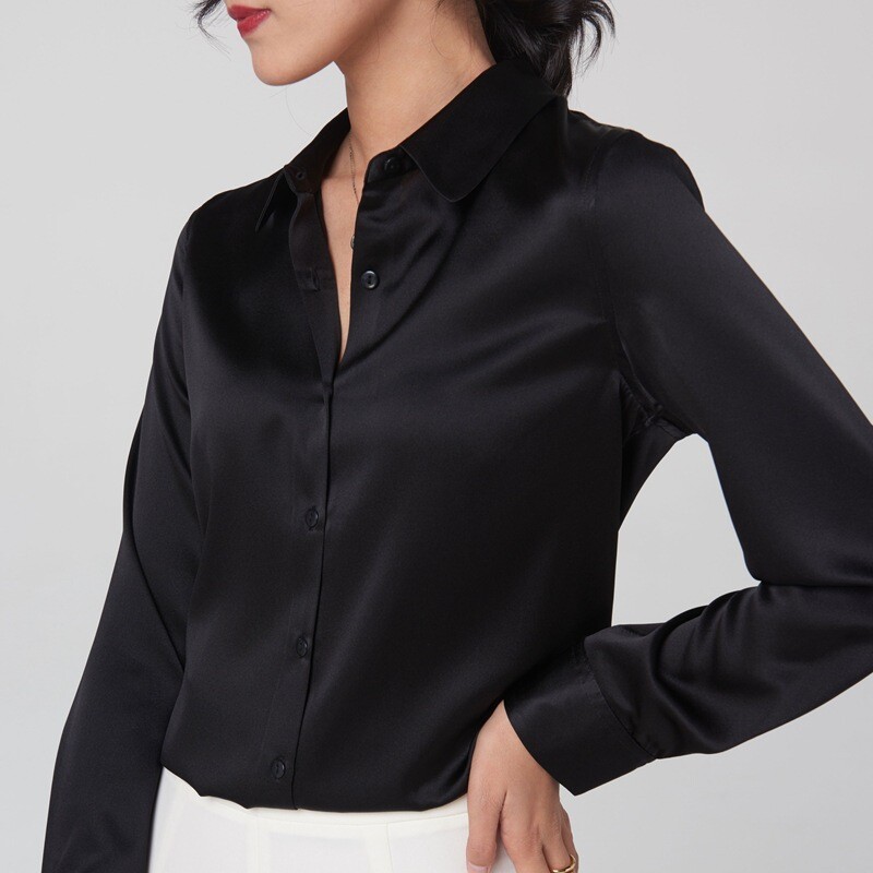 Women’s Mulberry Silk Shirt Long-Sleeve Satin Solid Color Button Soft Breathable