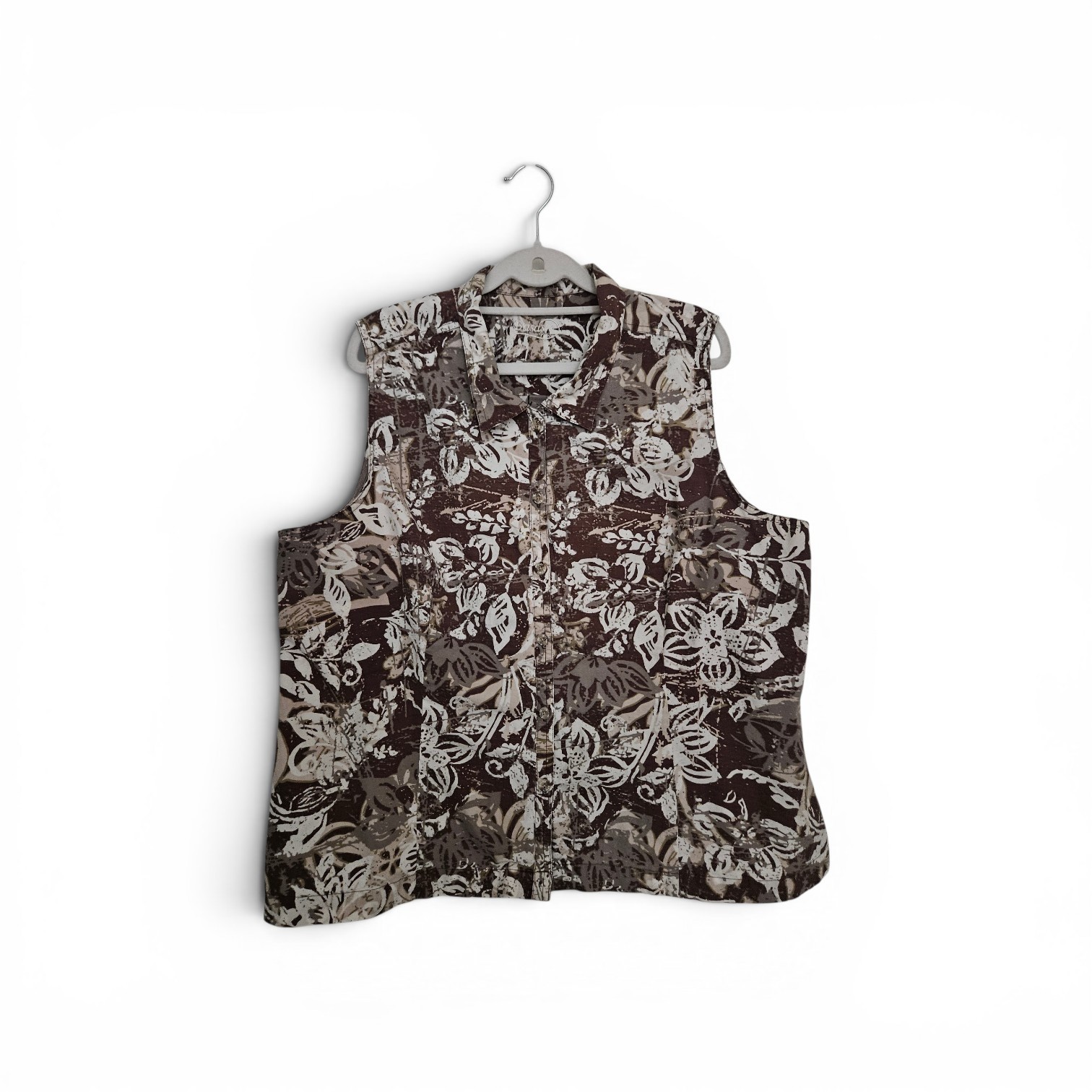 Brisas Women’s Plus 2X Floral Sleeveless Button Front Cotton Blouse Top