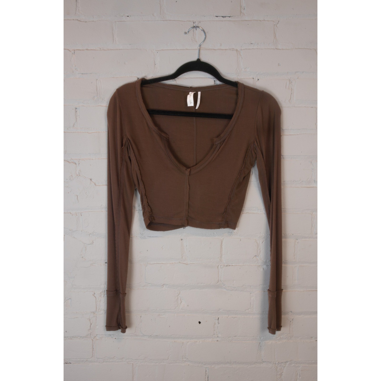 Out From Under Urban Outfitters Brown Ribbed Long Sleeve Notch Neck Crop Top M