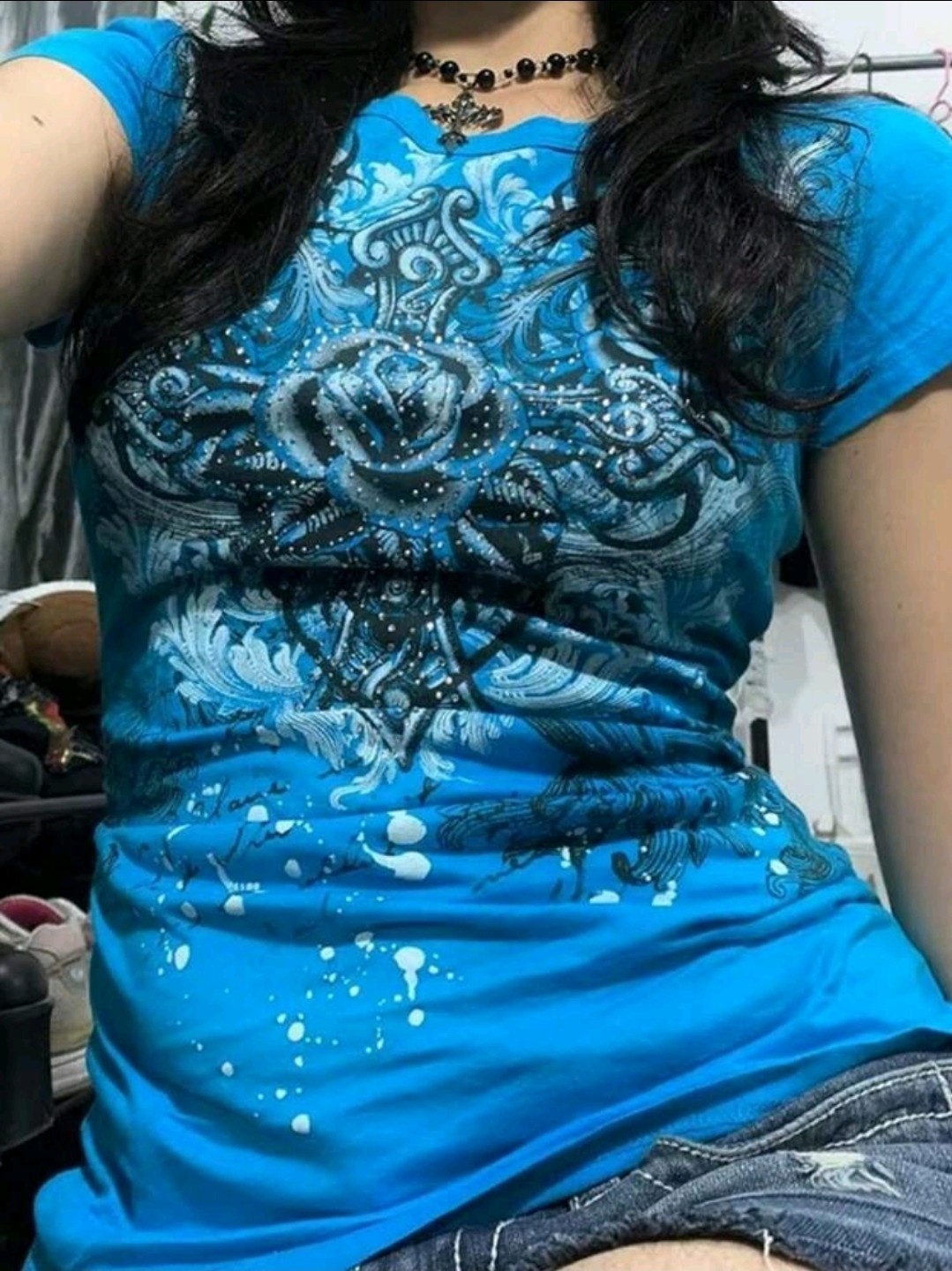 Y2K Women’s Blue Short Sleeve Cross Flower Graphic Tee Size S, M, L,