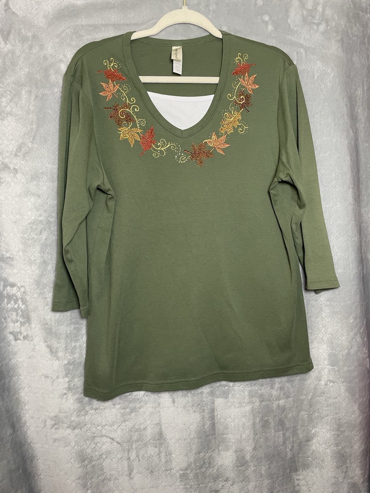 Decorated Originals XL Olive Green Fall Leaves Embroidered V Neck Top