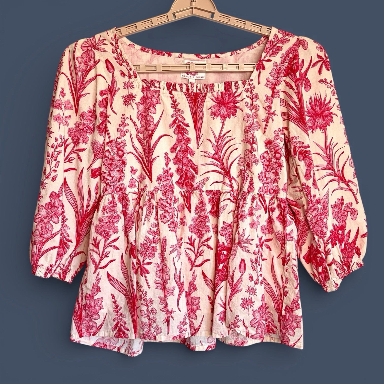 Victoria Dunn Floral Print LS Blouse XS Gathered Waist Square Neck Prairie EUC