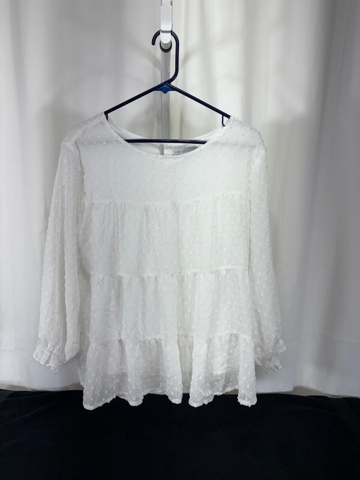 Miss Sparkling White Sheer Tiered Ruffle Blouse Size M 2145