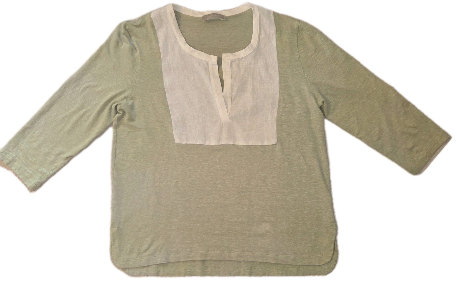 Le Tricot Perugia Linen Top 3/4 Sleeves Size Medium Green White Made In Italy