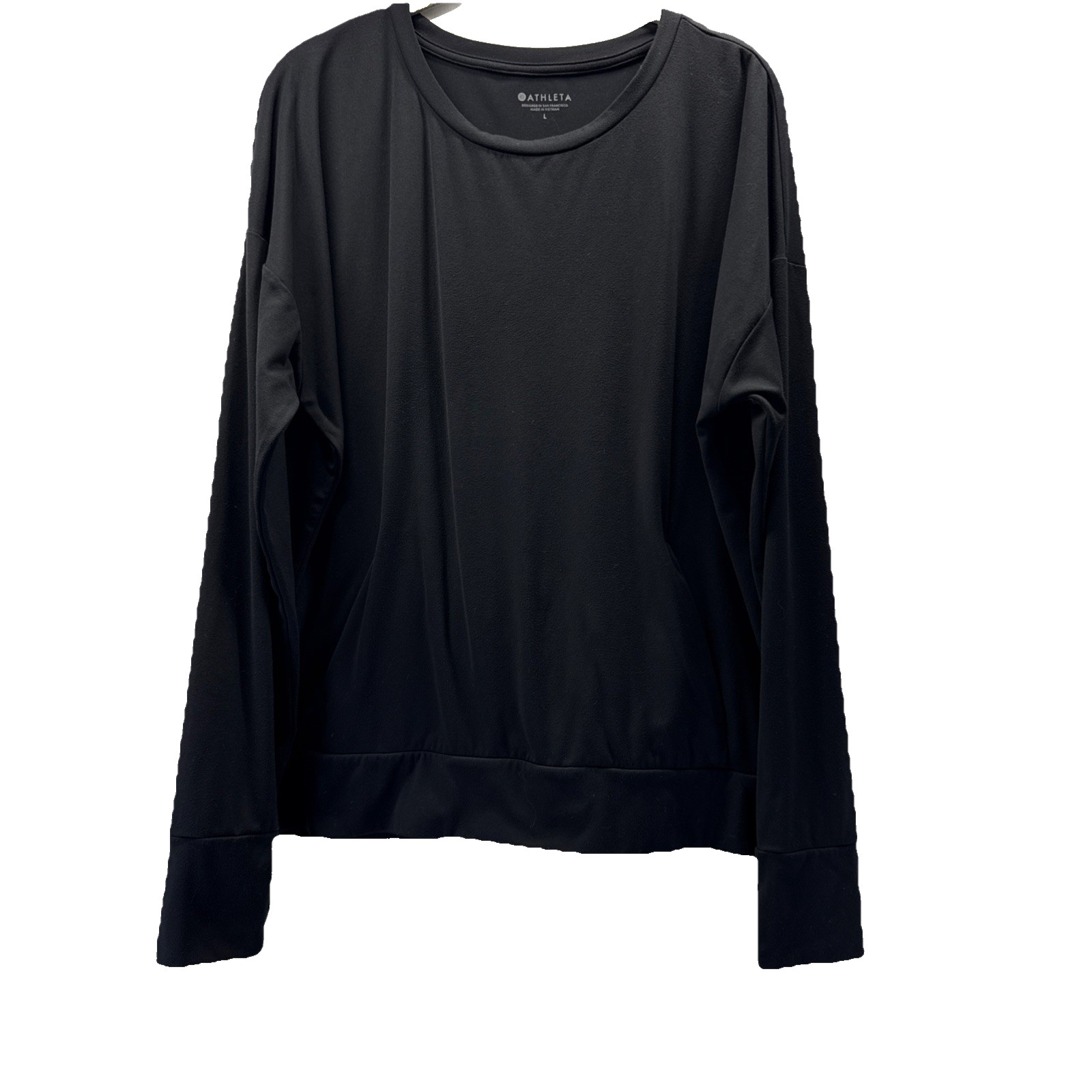 Athleta Women’s Top Sz Large Solid Black Thumb Holes Slinky Long Sleeve Pockets