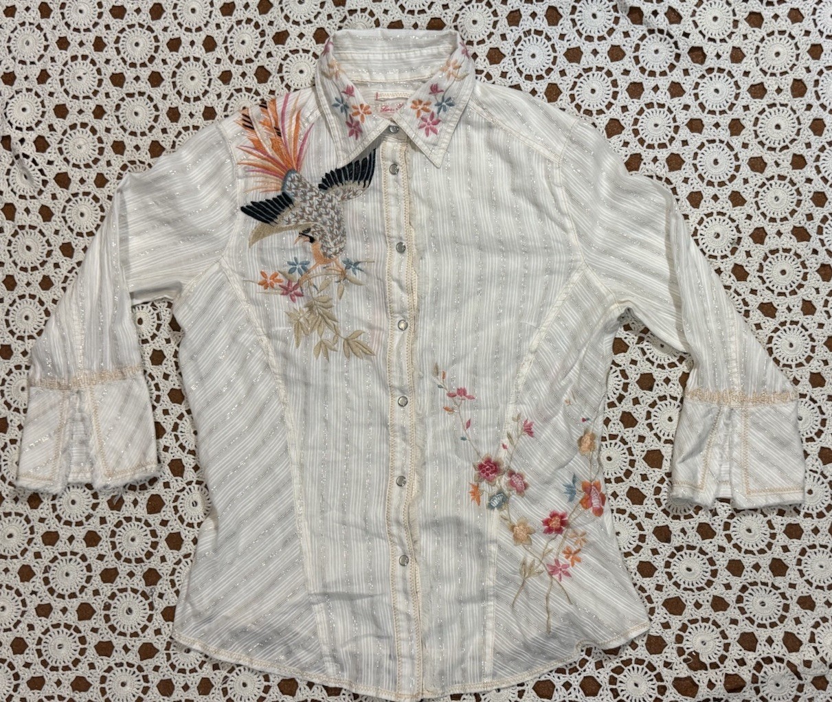 Love Polly Western Shirt Pearl Snap Rodeo M Floral Birds Embroidered Boho