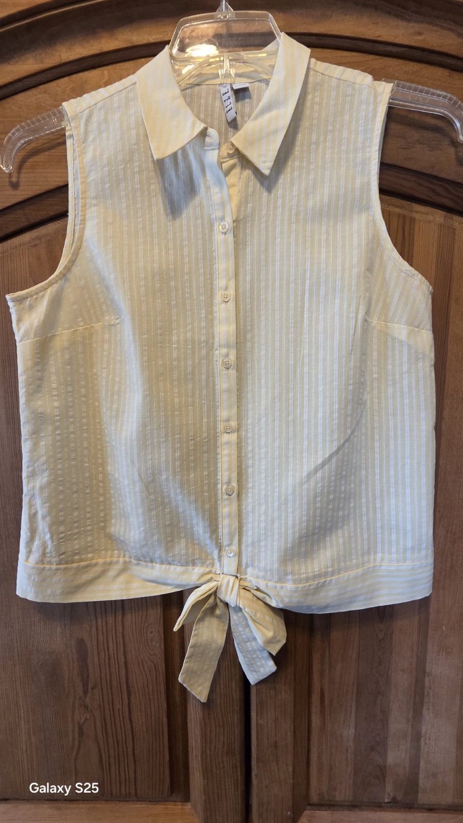 ELLE Women’s Yellow White Stripe Sleeveless Button-Up Blouse Shirt Tie Waist SM