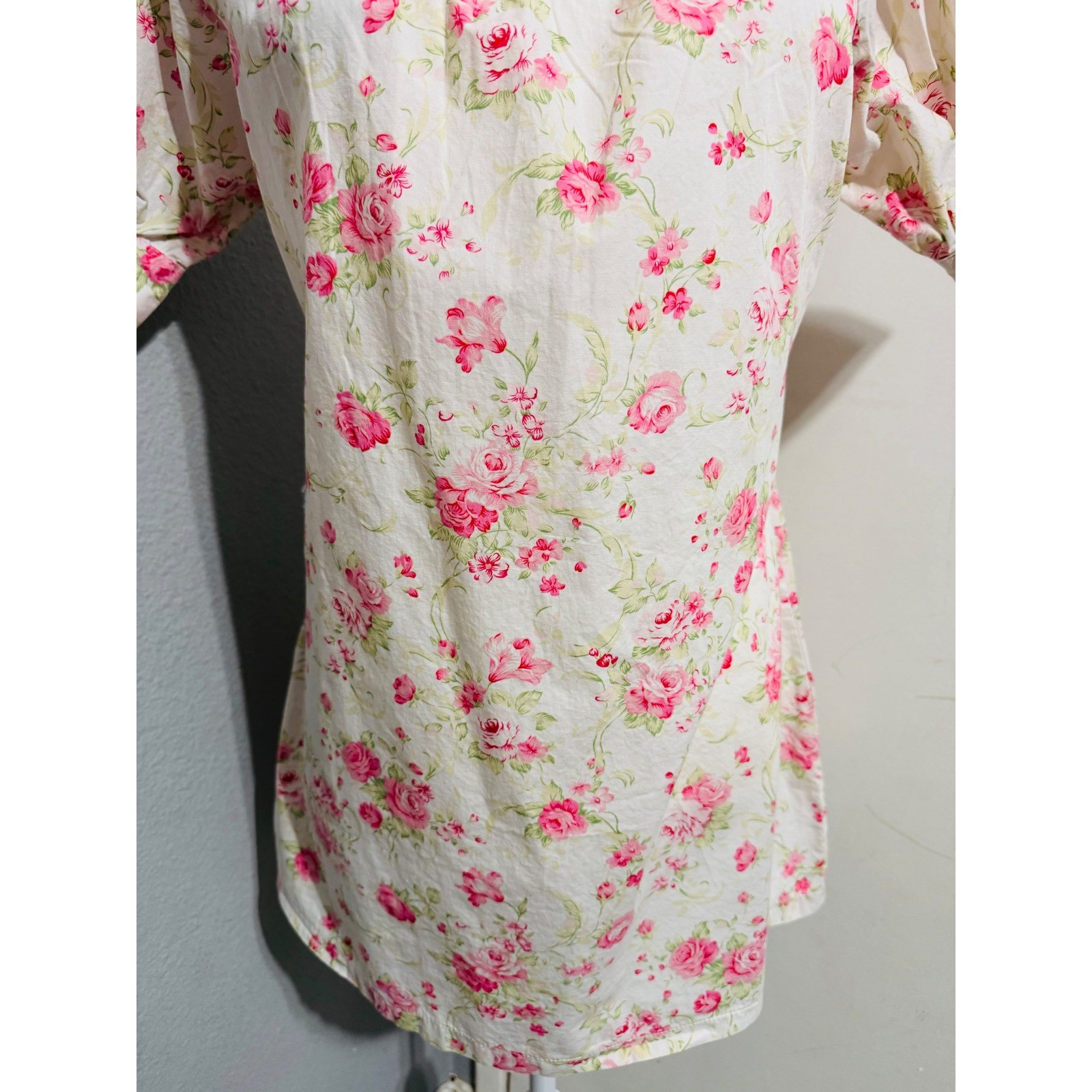 Pink Floral Rose Cottagecore Puff Sleeve Smocked Tunic Top White Pink Small