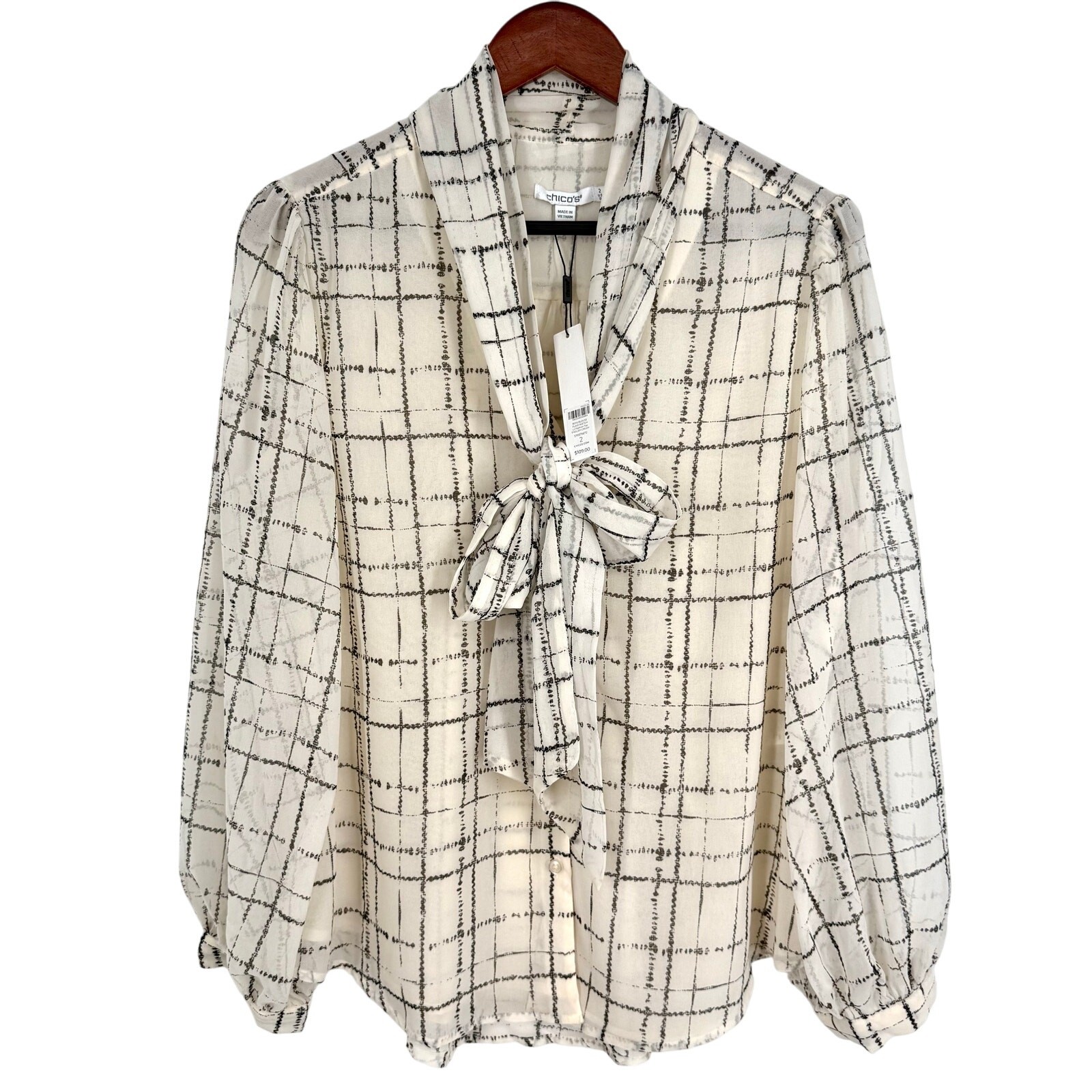 NEW NWT MSRP $109 Chicos Sz LARGE US 12 2 Cream Bow Formal Blouse Shirt Top
