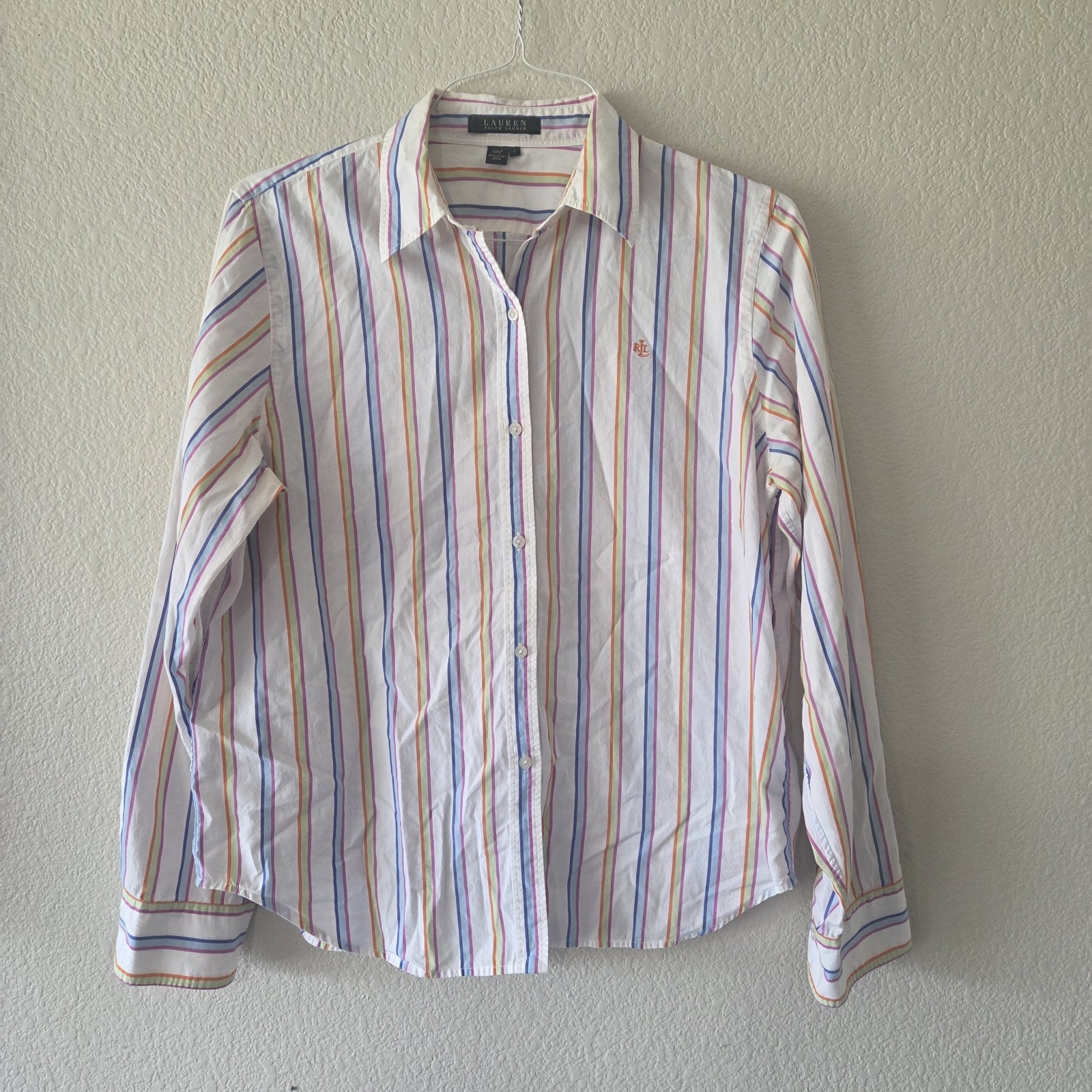 Vtg Ralph Lauren Women’s Rainbow Candy Stripe Button Up Shirt Size L 90s Preppy
