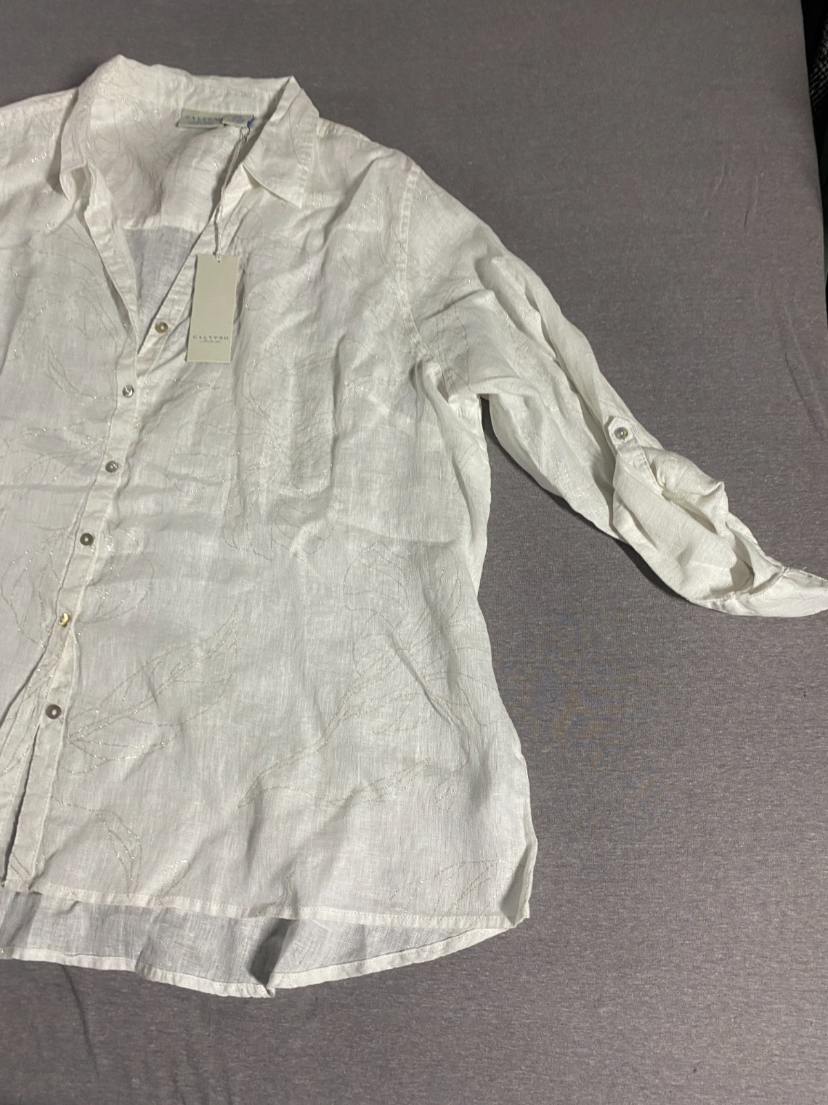 Calypso St. Barth Blouse NEW Women 3X 100% Linen White Silver Metallic Accent