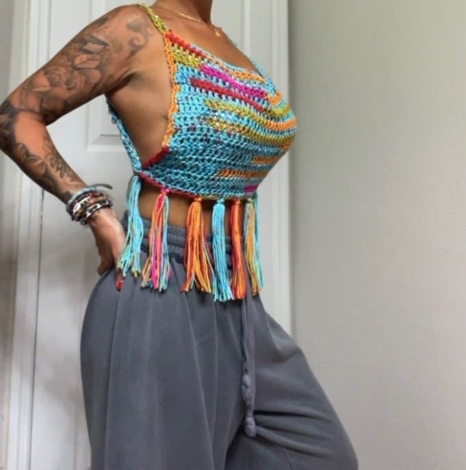 handmade crochet boho fringe top with beaded straps