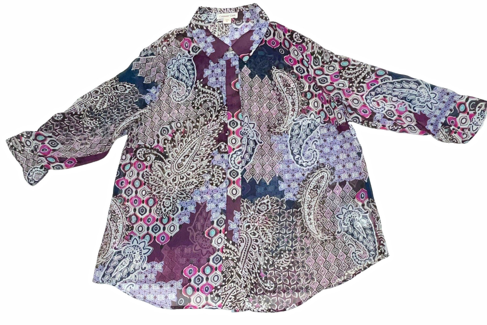 Coldwater Creek Paisley Button-Up Collared 3/4 Sleeve Blouse XL Boho Casual