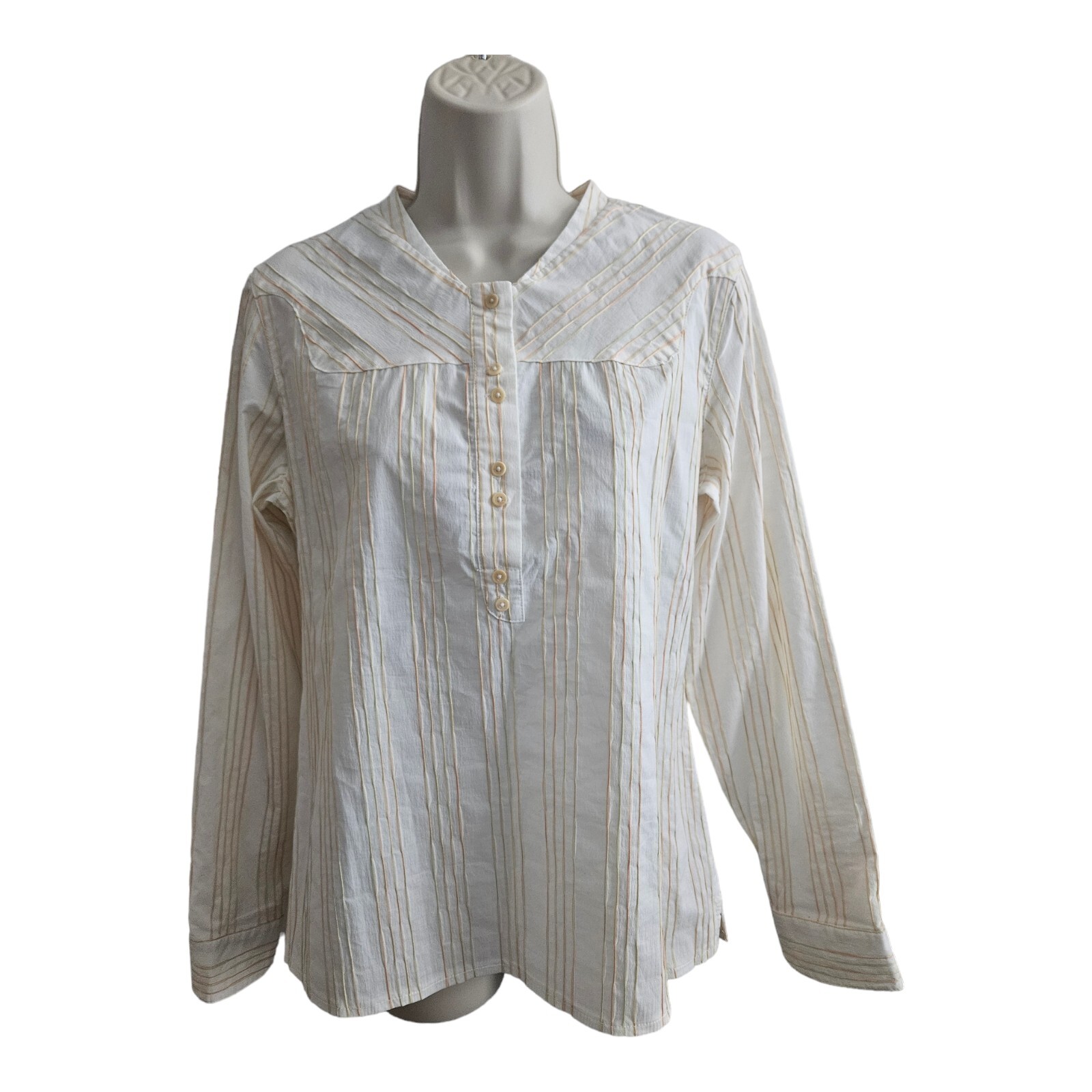 Merrell Meadow White Peach Striped Long Sleeve Button Blouse Top Size Small NEW