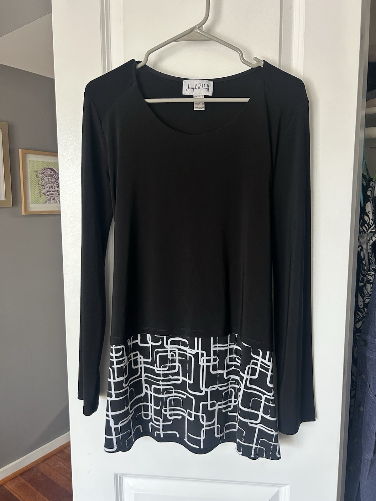 Joseph Ribkoff Black Abstract Print Layered Tunic Top Tie Back Size 16 Lagenlook