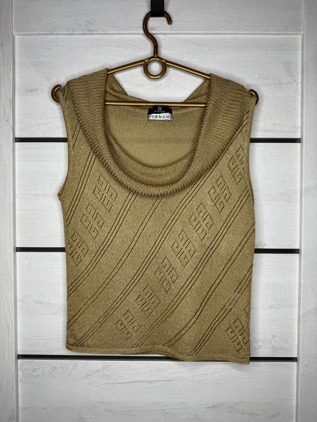 Vintage GIVENCHY Vision Gold Luxer Knit Top 4G Logo Monogram Made in Italy Sz S