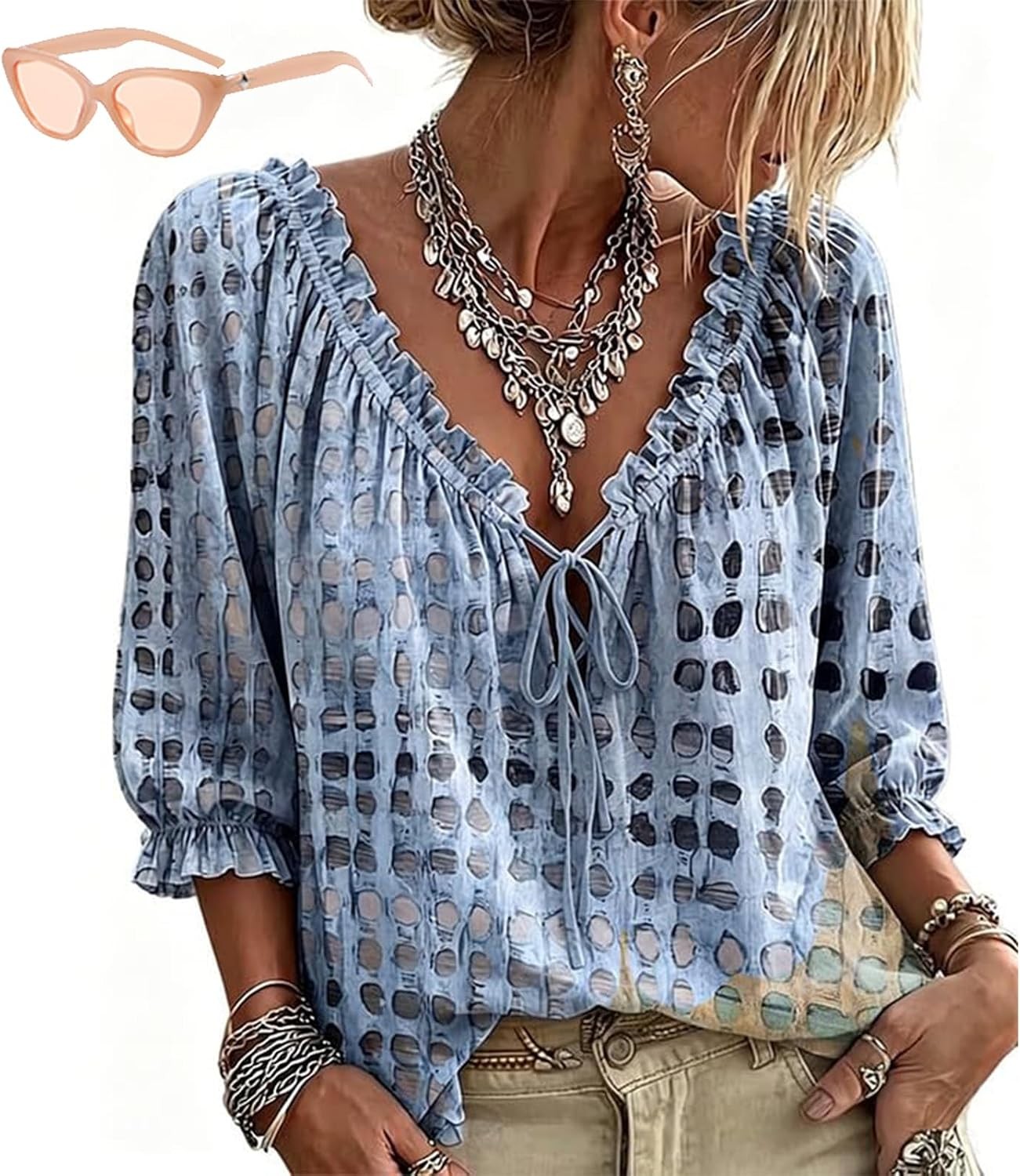 Women’s Summer Casual V Neck Polka Dot Lace Up 3/4 Sleeve Blouses, Dressy Loose