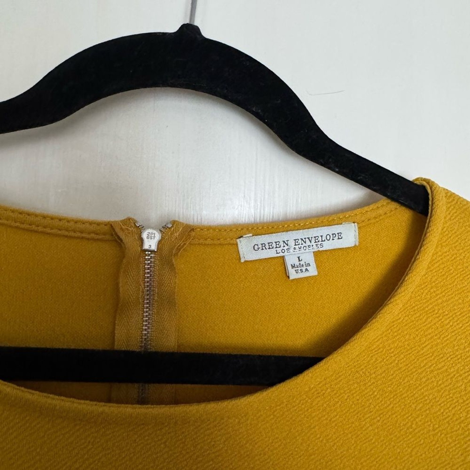 Green Envelope L mustard yellow boat neck long sleeve textured 3/4 blouse