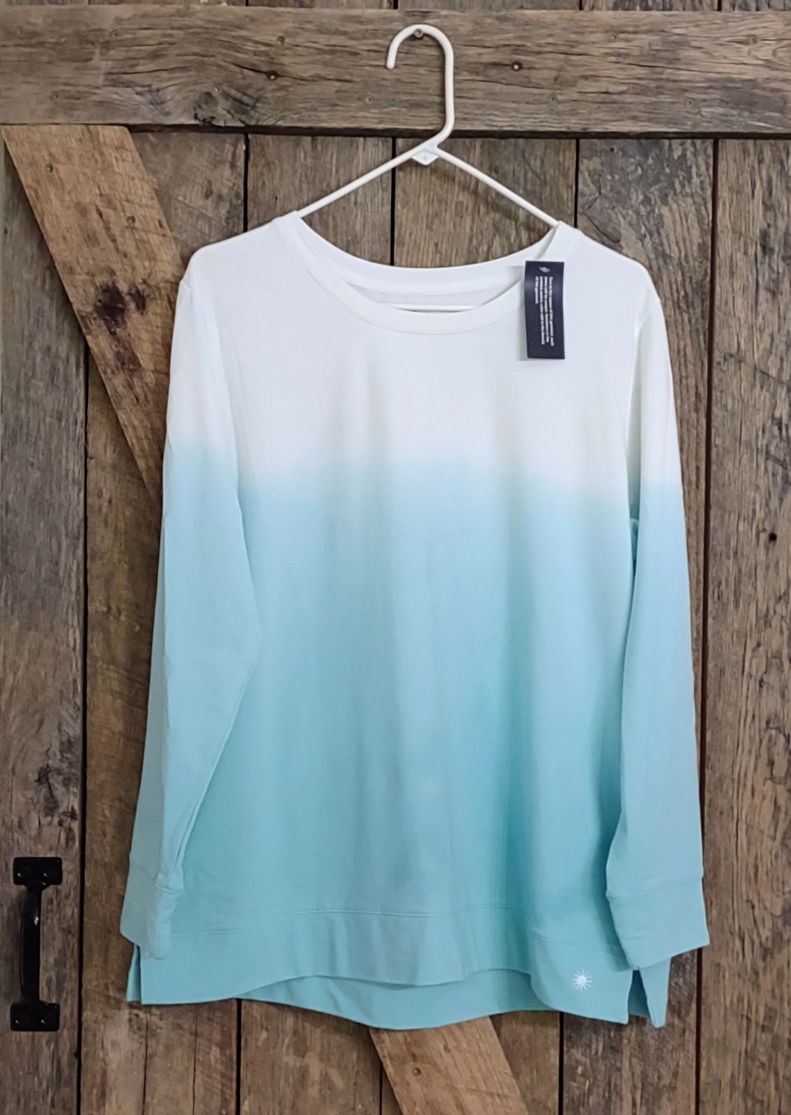 Denim & Co. French Terry Dip Dye Blue Ombre Crew Neck Raglan Top NWT Women’s XLP
