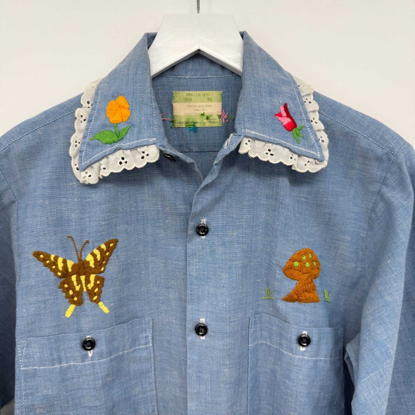Vintage 70s Hand Embroidered Top Shirt S M Chambray Bird Butterfly Palm Tree USA
