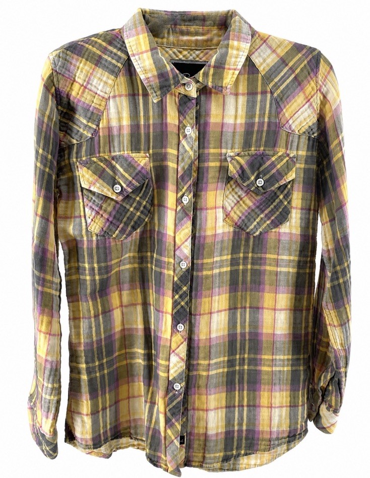 Rails Kendra Plaid Button Up Shirt Women’s M Yellow Purple Gray Cotton Gauze