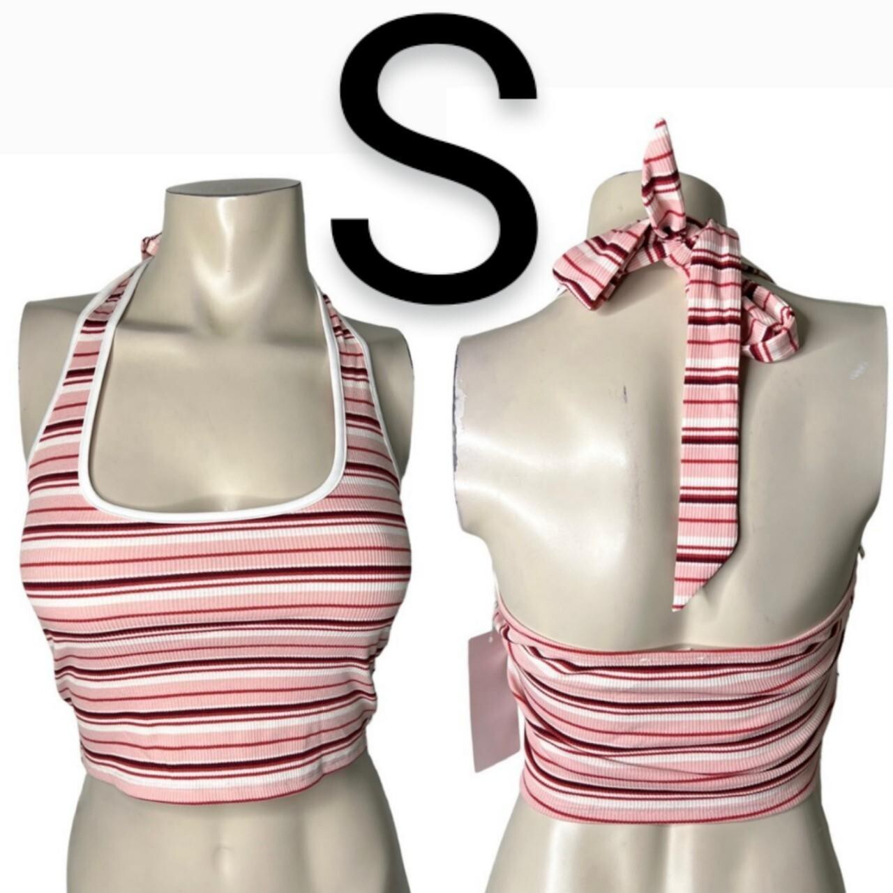 🆕Pink/Red Multicolor Stripe Design Stretchy Ribbed Halter Open Back Top~Size S
