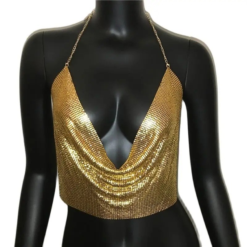Sexy Women V Neck Sequined Halter Backless Chain Plunge Tank Vest Crop Tops Cami