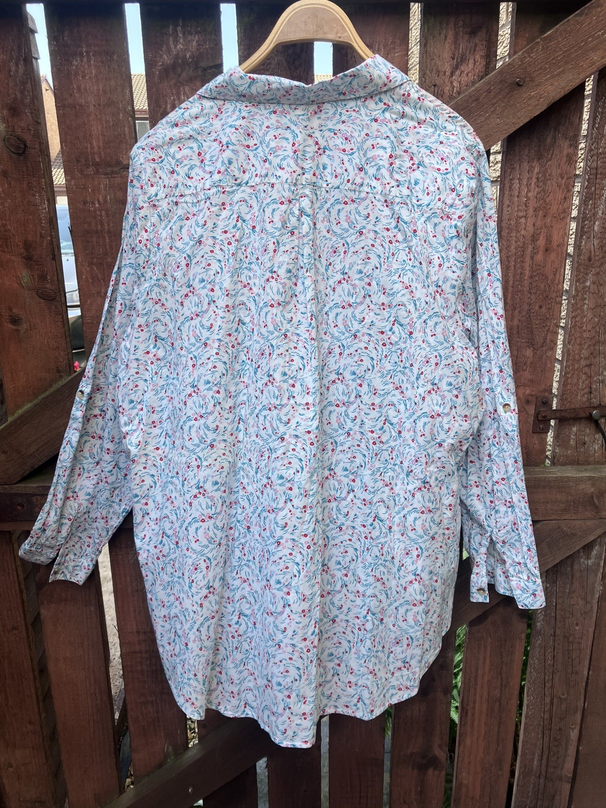 M&S Collection Floral Cotton Blouse UK22 White/Pink/Red Roll Tab Sleeve Pleats