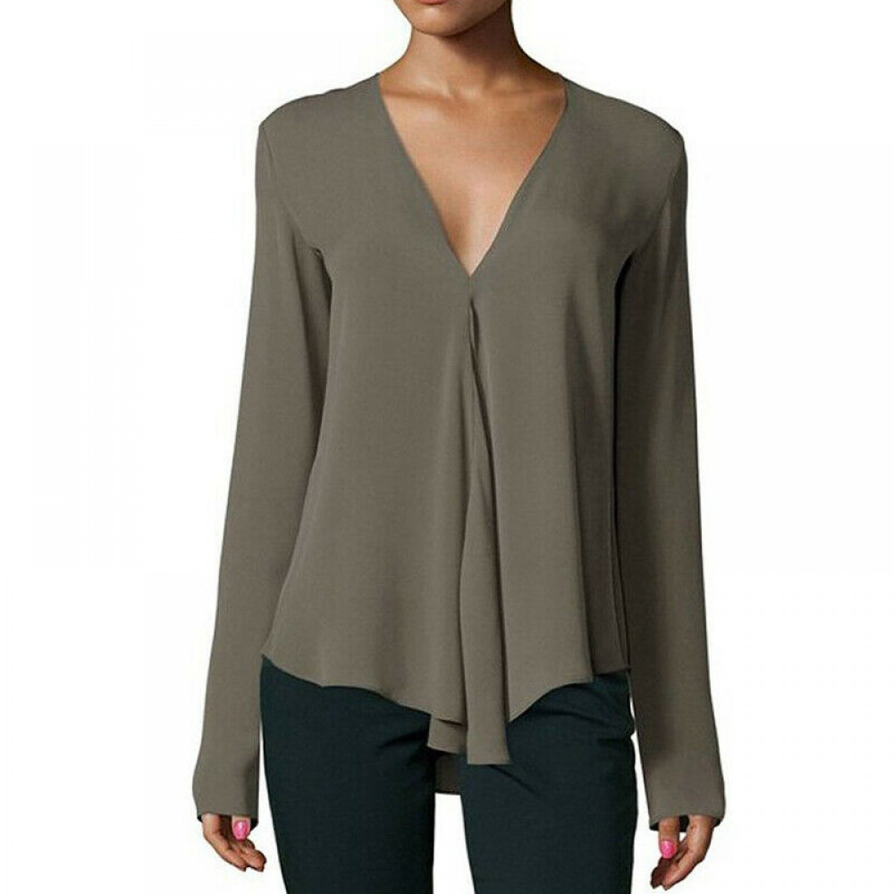 Women Tops V-Neck Blouse Fashion Chiffon Long Sleeve Tunic Casual Shirt Plus Siz