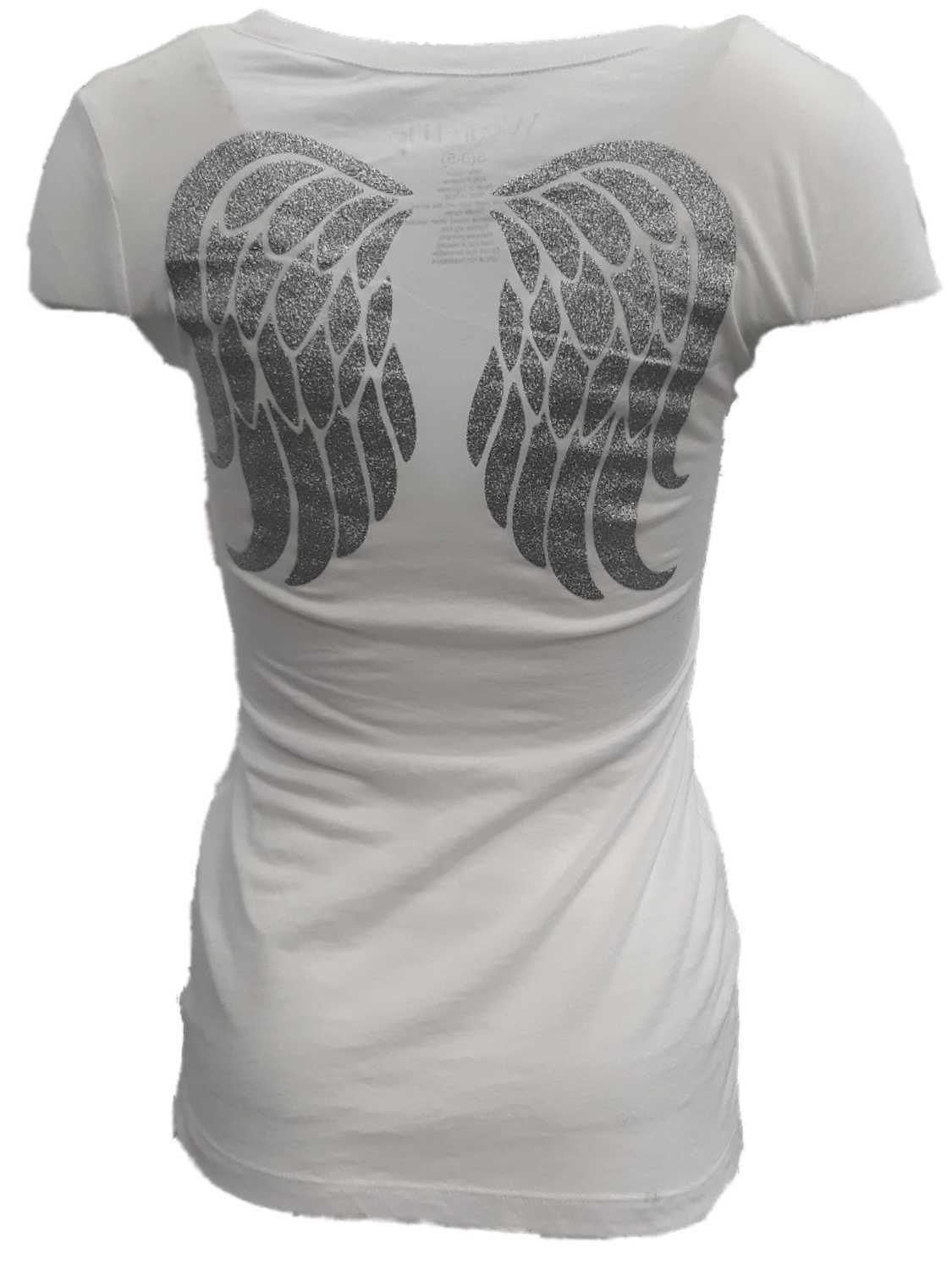 Womens White Angel Glitter Wings Metallic Accent Halloween Holiday T-Shirt