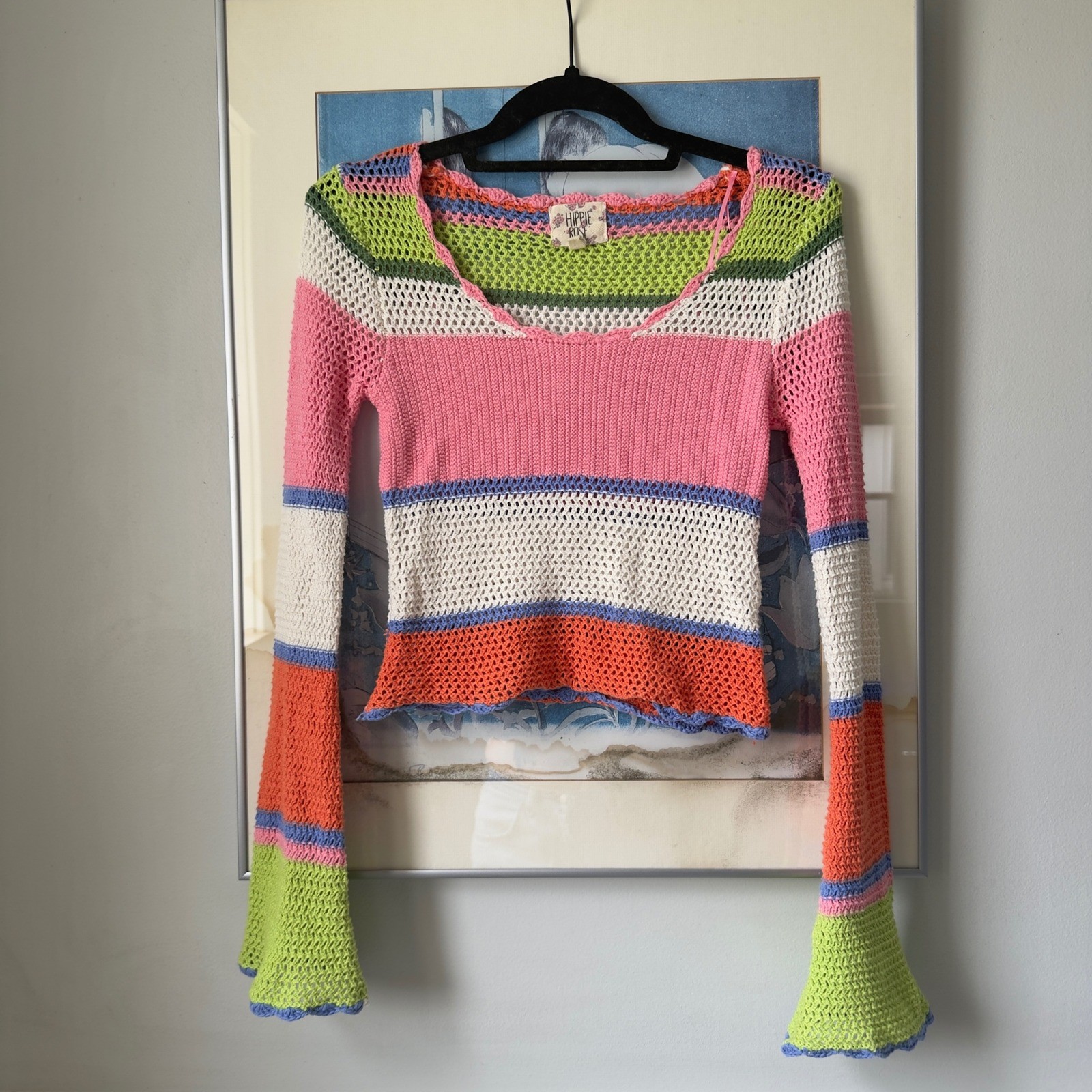 Hippie Rose Crochet Knit Striped Bell Sleeve Boho Festival Top XS