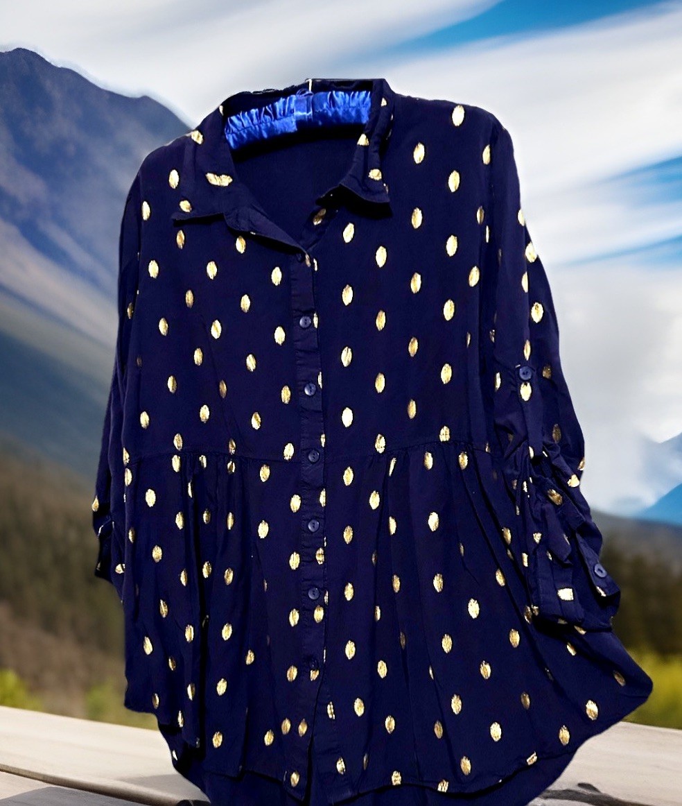 Solitaire Top L Darling Boho Navy Blue Gold Leaf Print Flowy Coastal Chic Shirt