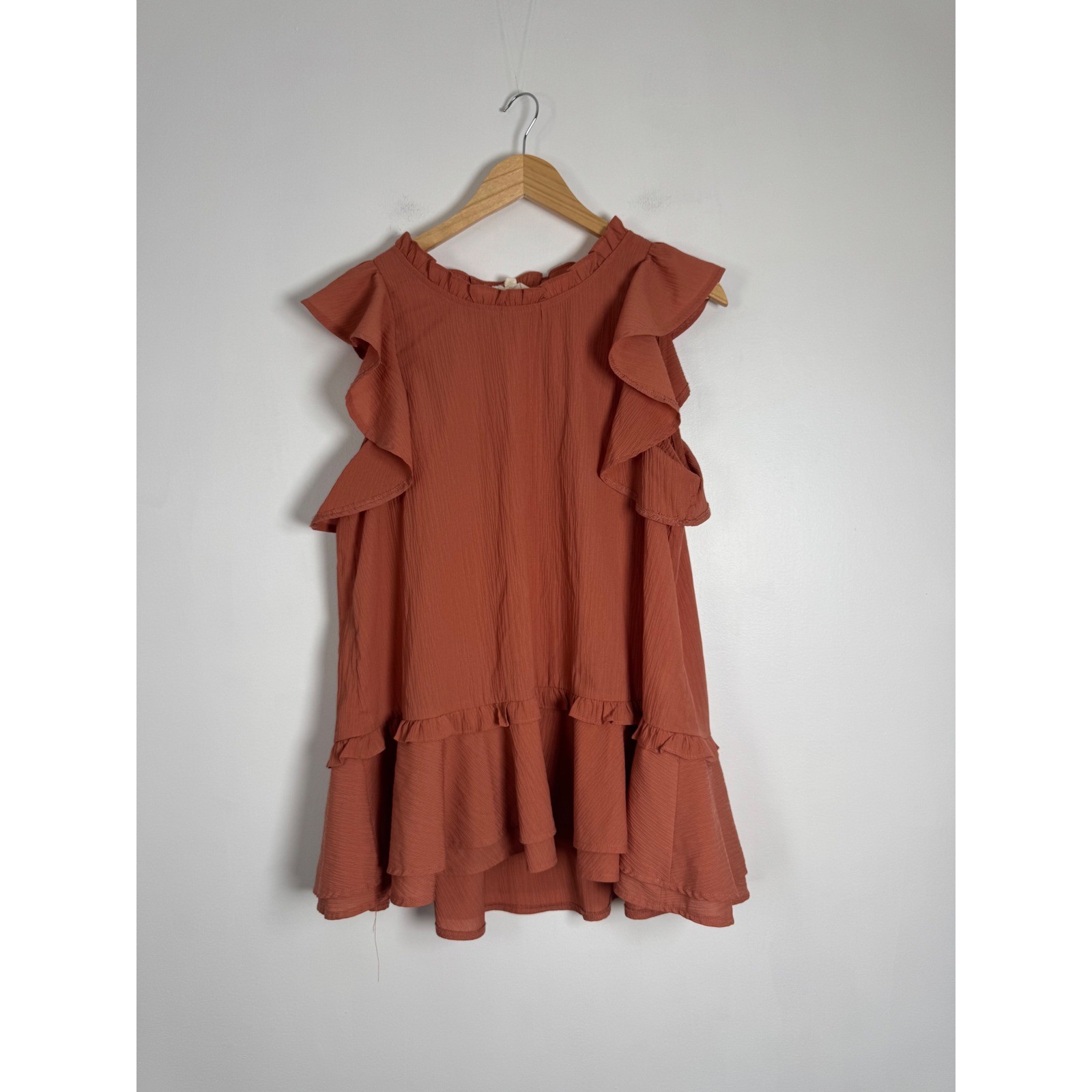 Boho Entro Women L Babydoll Top Terracotta Ruffle Tiered Sleeveless T9615 Rust