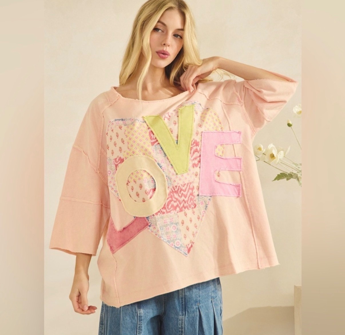 Sage + Fig “LOVE” Patchwork Top NWT Peach or Pink