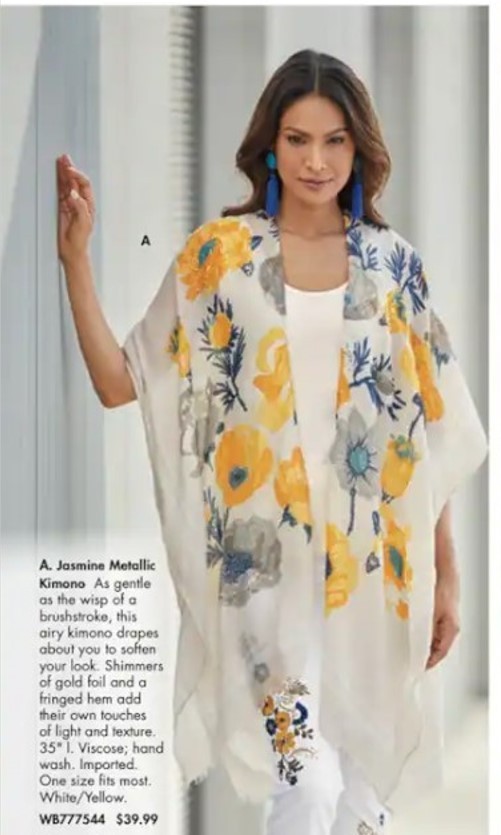 OSFM Monroe and Main White Yellow Gray Jasmine Metallic Kimono