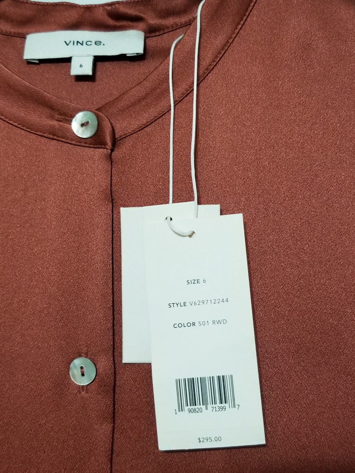 NWT Vince Slim Satin Band Collar Silk Blouse in Rosewood Size 0,2,4,6,8 $295