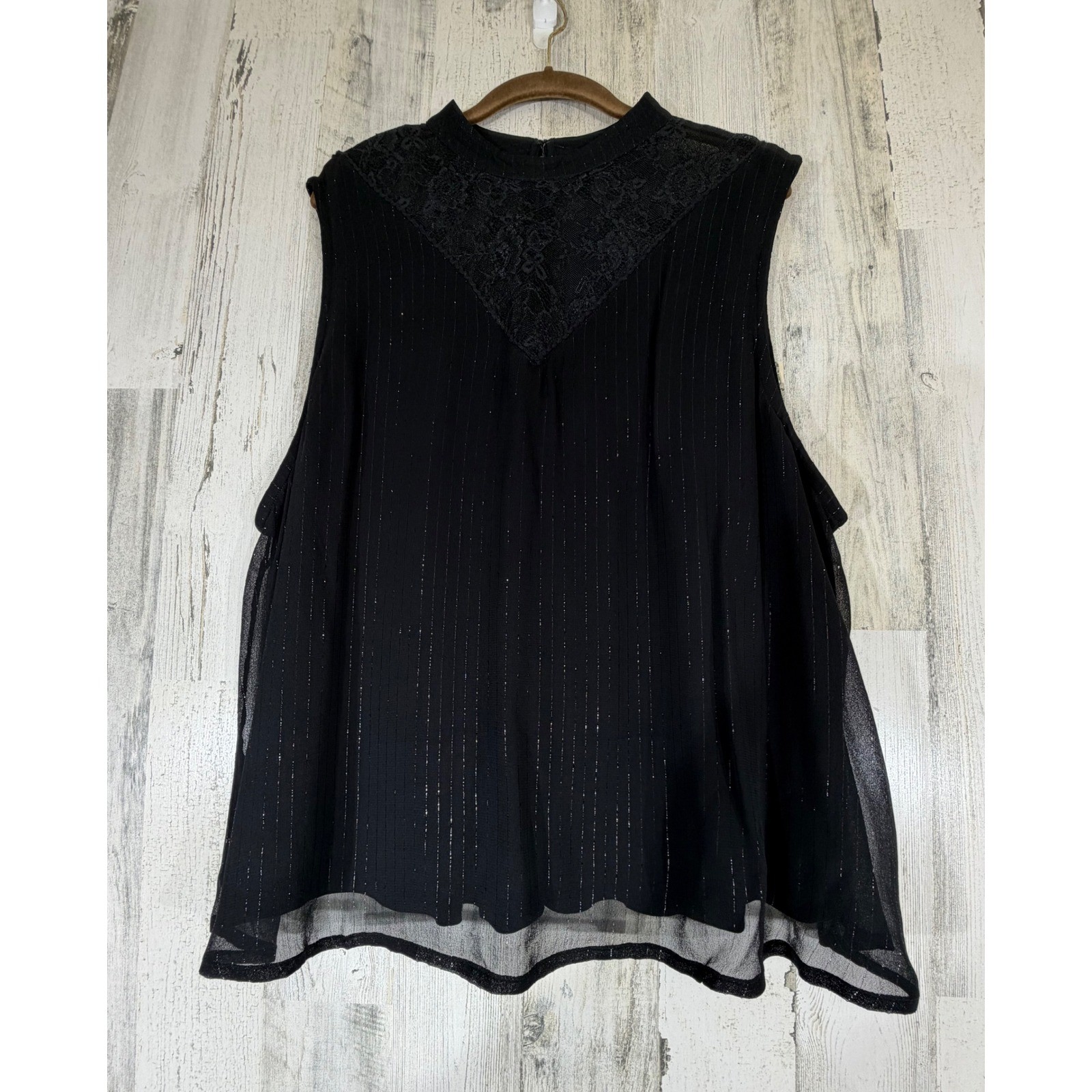 Bl^nk London Vitalia Top 2X Black Metallic Stripes Lace Mock Neck Sleeveless NWT