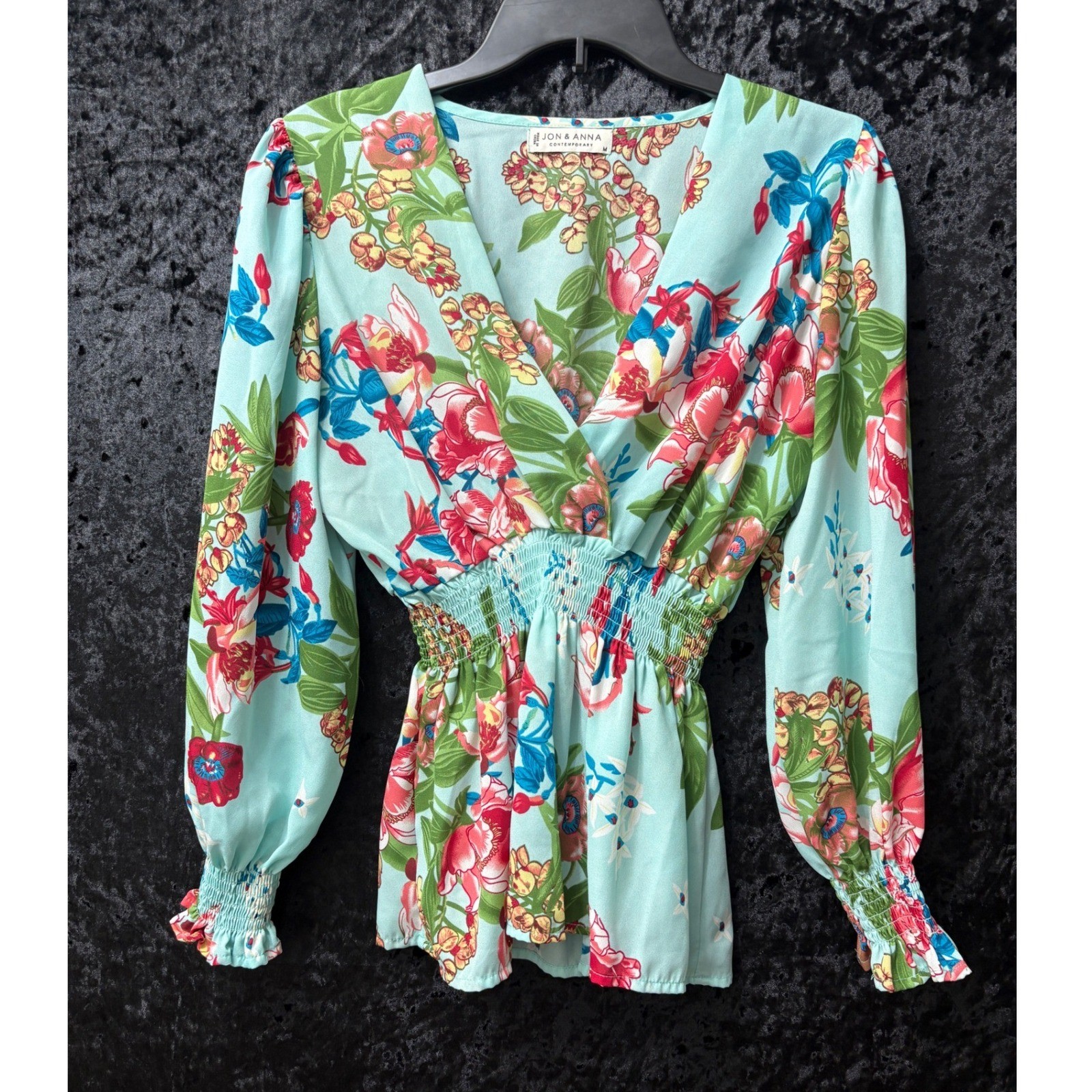 Jon & Anna Peplum Top Womens M Blue Floral Tropical Boho Fairy Festival Smocked