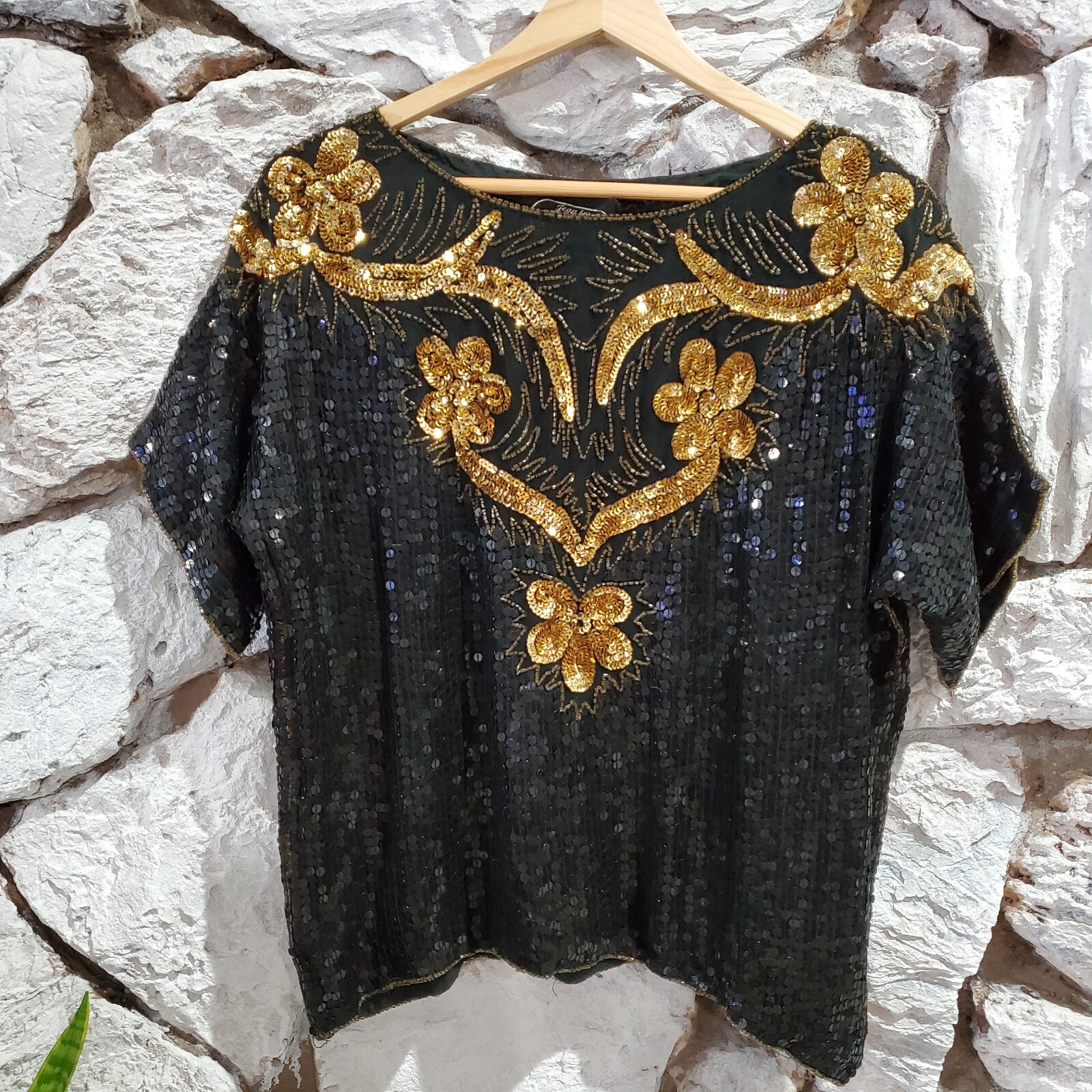 Vintage Sequin Floral Beaded 100% Silk Gold Black Joseph Le Bon Top Women’s M