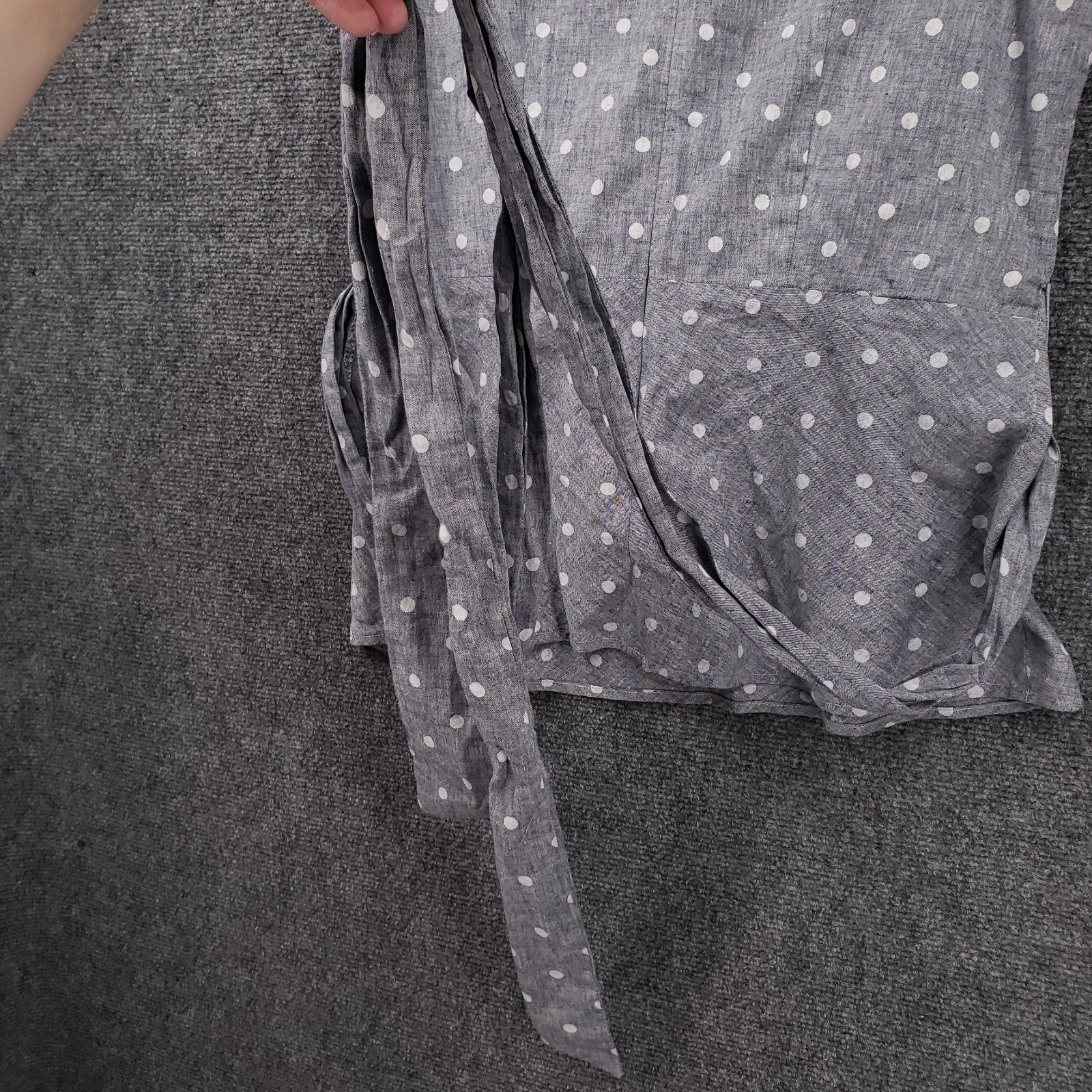 Boden Top Womens 12 Gray Surplice V Neck Polka Dot Linen Waist Tie Peplum Blouse