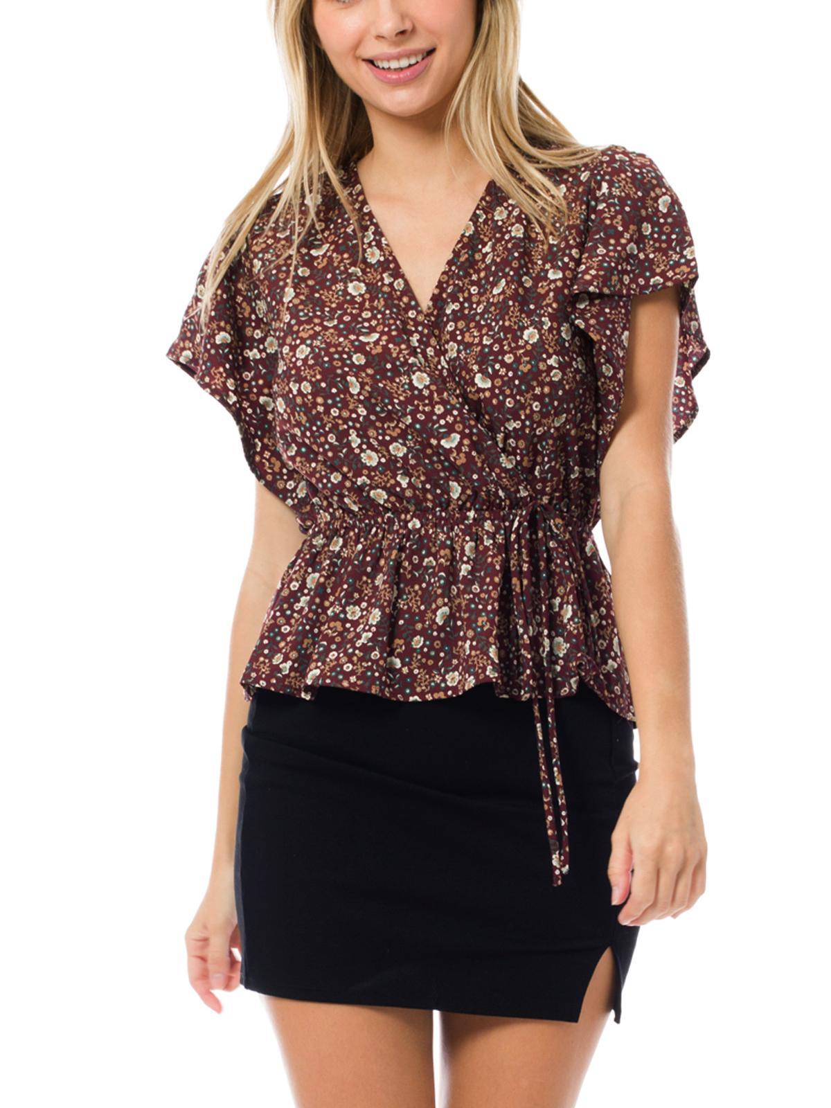 MixMatchy Floral Print Wool Peach Print V-Neck Short Sleeve Shirred Blouse (Made