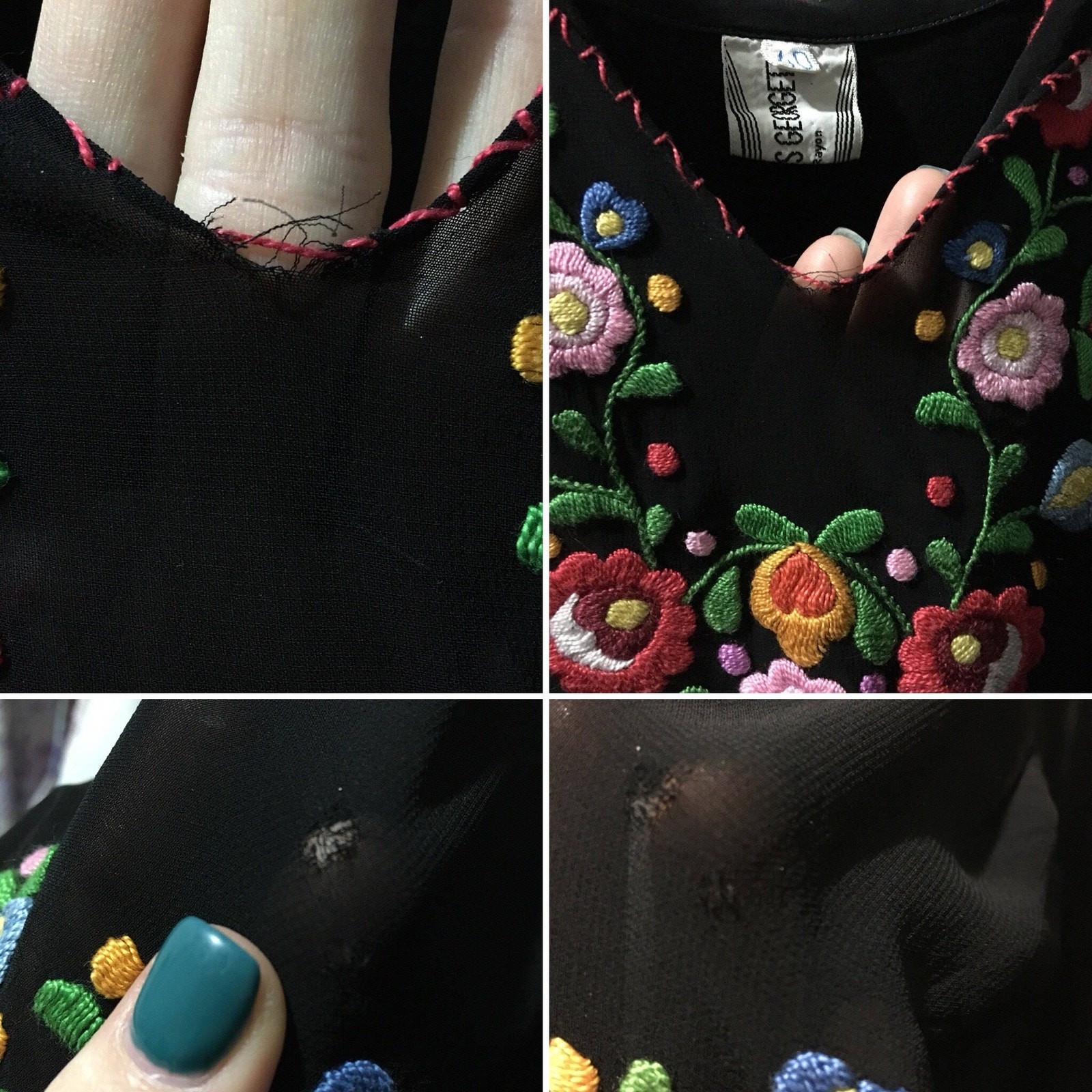 Vintage Embroidered Peasant Blouse, 1970s Sheer Black Rayon Georgette Top, XS-S