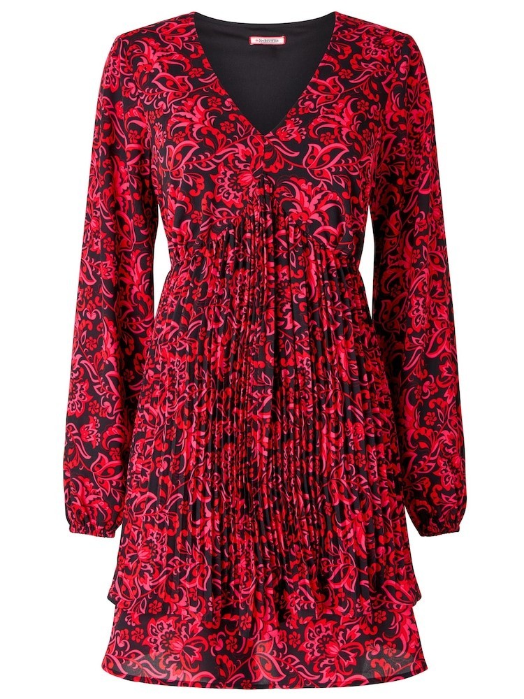 Joe Browns Red Floral Print Pleated Tunic Top UK 10 Long Sleeve V Neck Boho